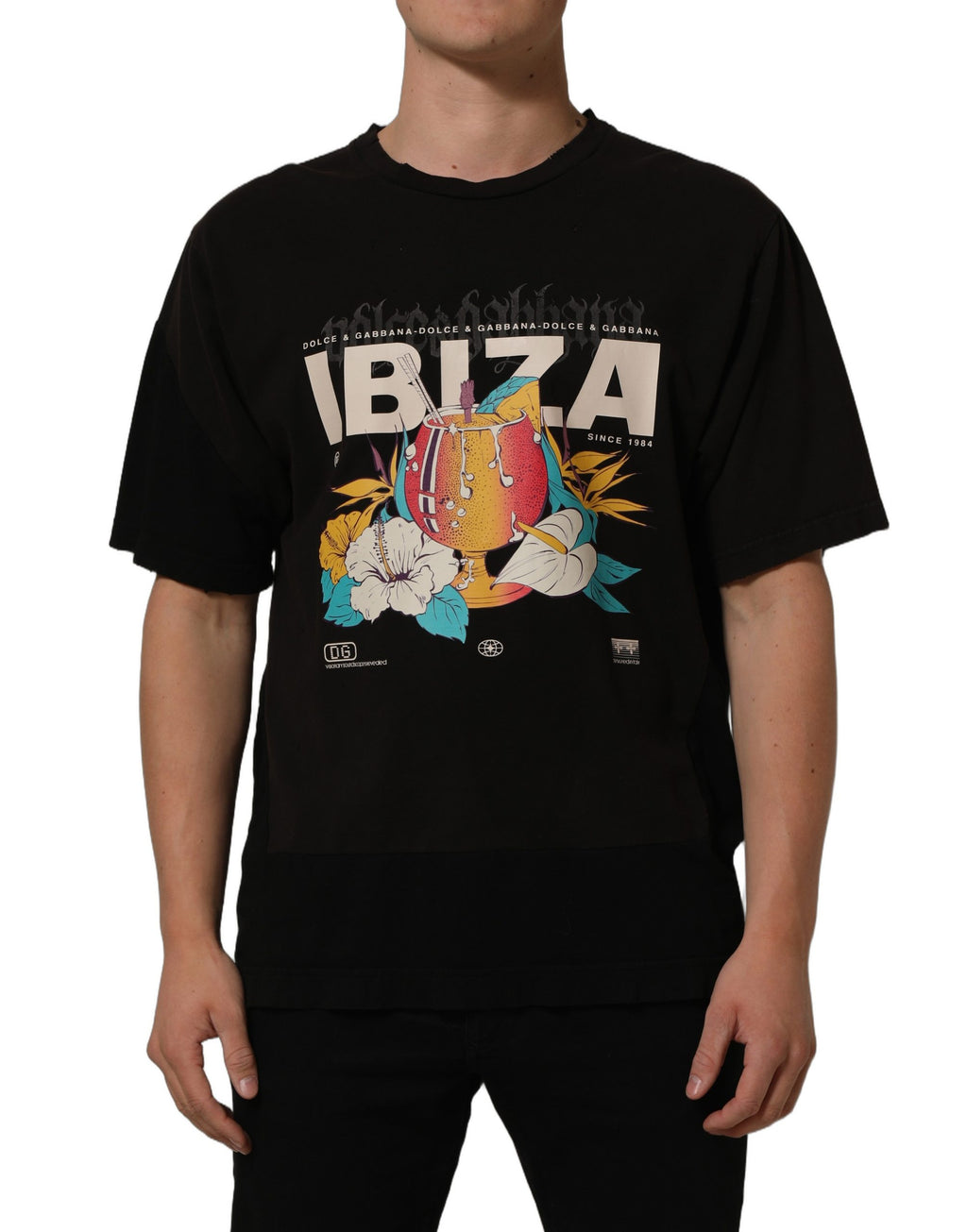 T-shirt noir tropical "IBIZA" pour homme de Dolce & Gabbana, col rond, motif tropical, tissu en coton.