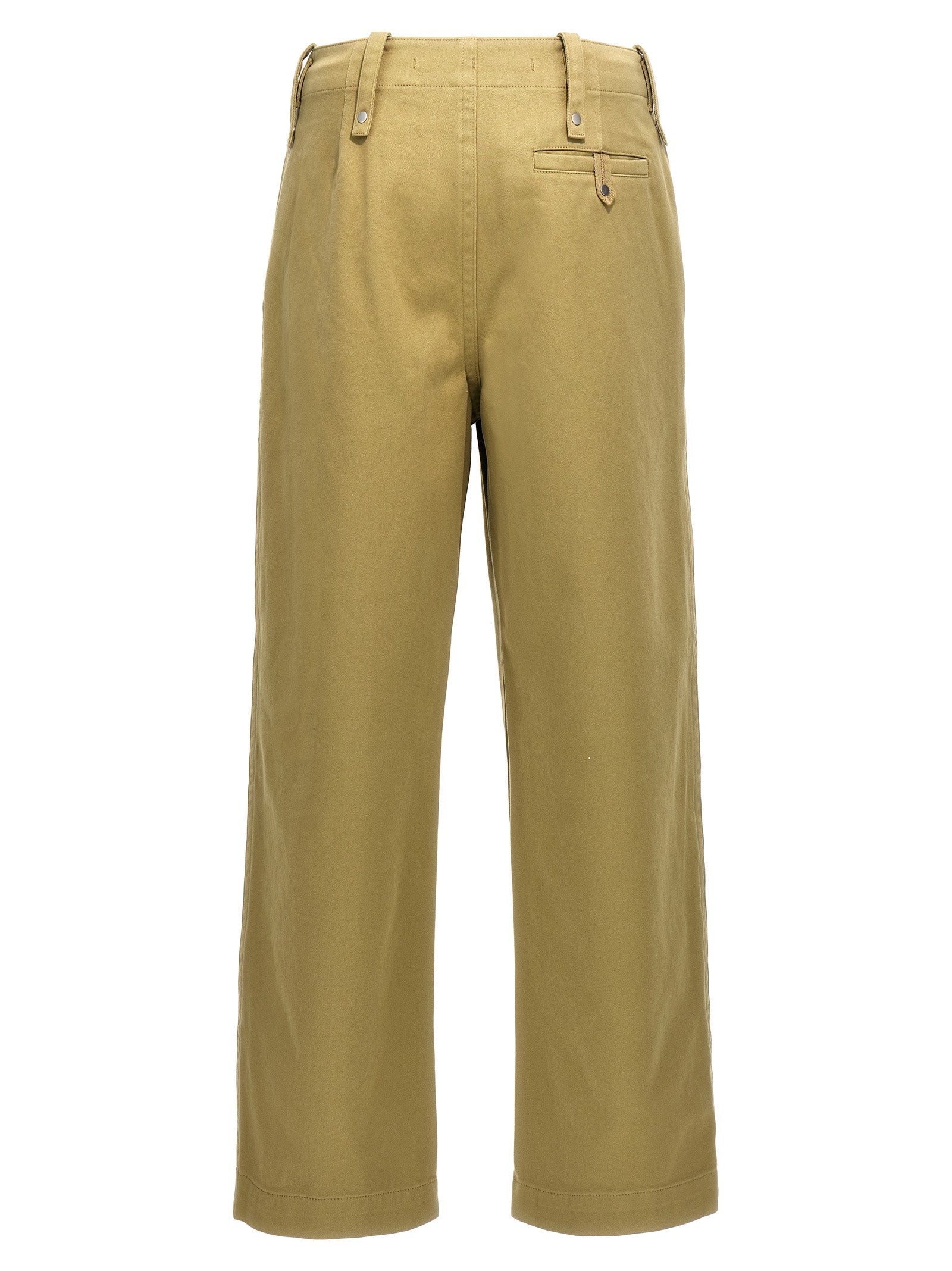 Pantalon beige en coton décontracté de Burberry, coupe classique avec ceinture et détails élégants.