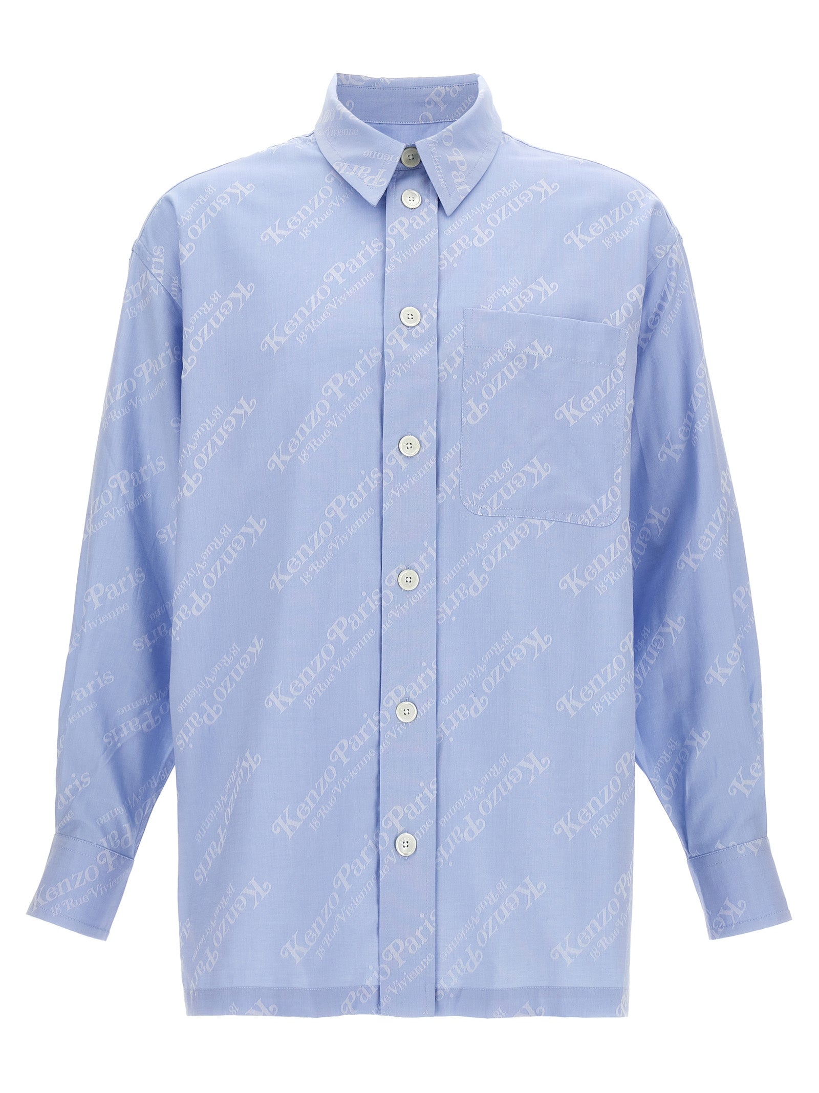 Chemise en coton bleue Kenzo, manches longues et coupe élégante, vue de face sur un fond neutre.