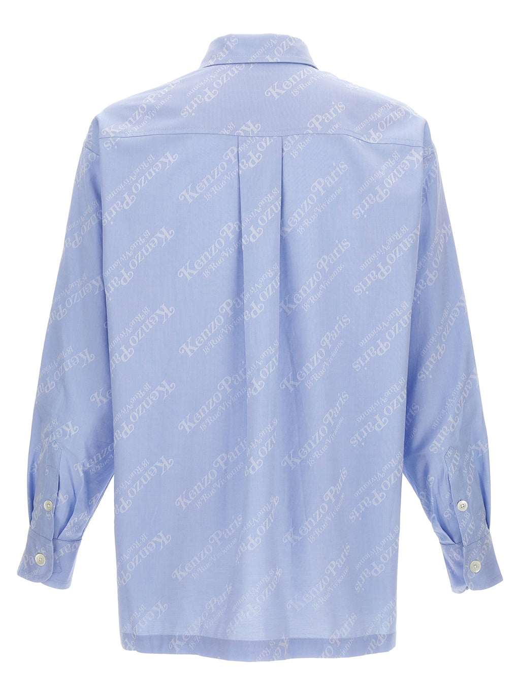 Chemisier en coton bleu de la marque Kenzo, détails du tissu et coupe élégante visible sur l'image.