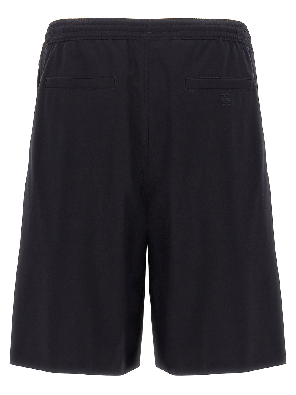 Shorts Bermuda bleus en élasthanne de Givenchy, coupe décontractée et tissu extensible, visibles sur fond neutre.