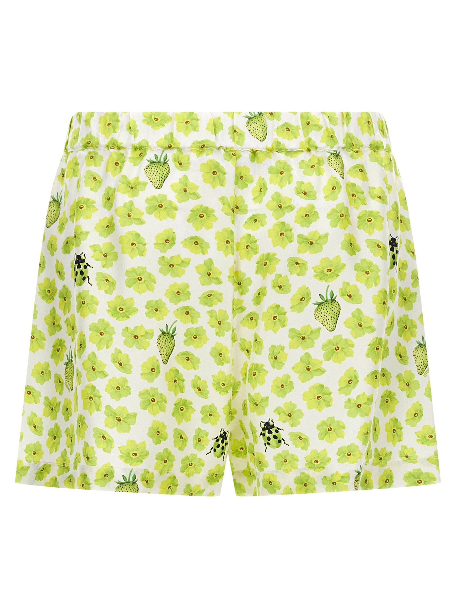 Shorts en soie multicolores de Versace, bermuda, avec motif vibrant et logo emblématique, pour un style élégant et audacieux.