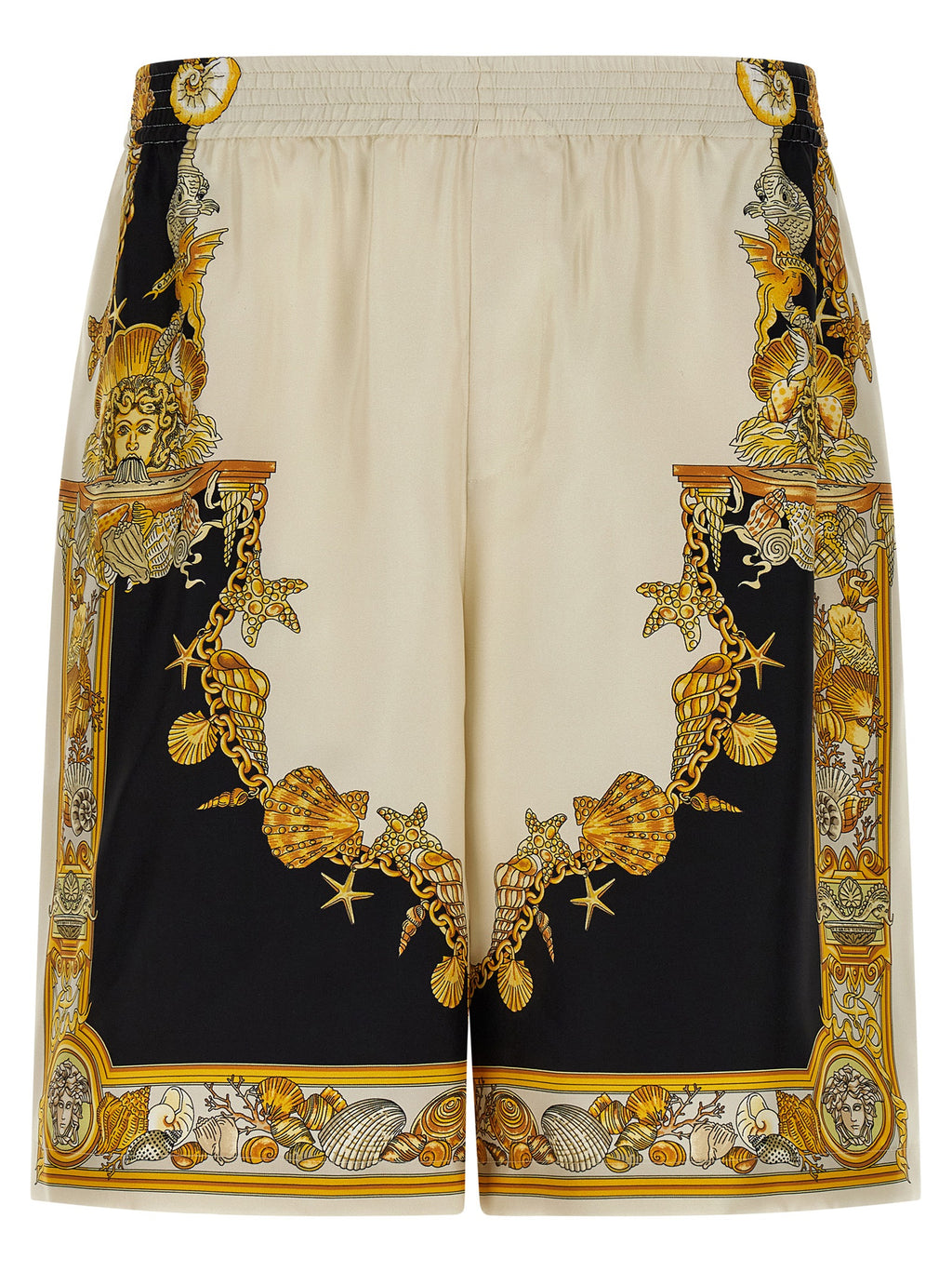 Shorts bermuda en soie multicolore de Versace, style élégant avec motifs vibrants, pour un look sophistiqué et tendance.
