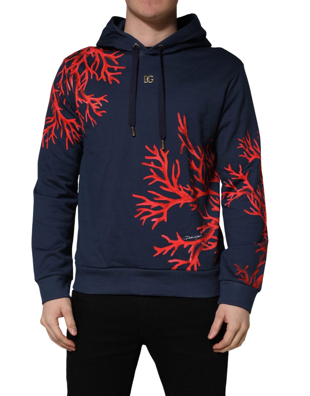 Sweat à capuche Dolce & Gabbana en coton bleu avec logo en corail, style décontracté et confortable.