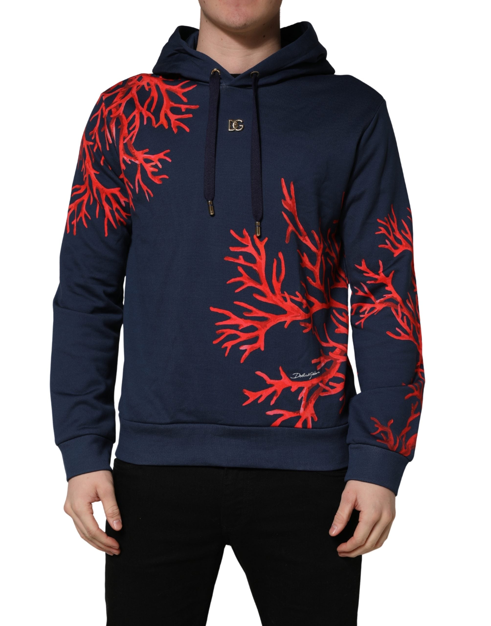 Sweat à capuche en coton bleu Dolce & Gabbana avec logo corail, vue de face, détails de la capuche et du design élégant.