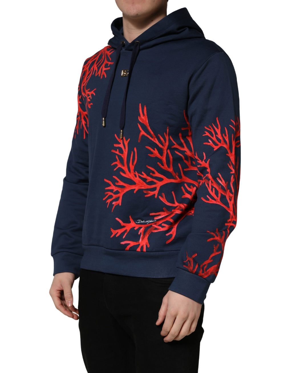Sweat à capuche Dolce & Gabbana en coton bleu avec logo corail, sweat-shirt à la mode pour homme ou femme.