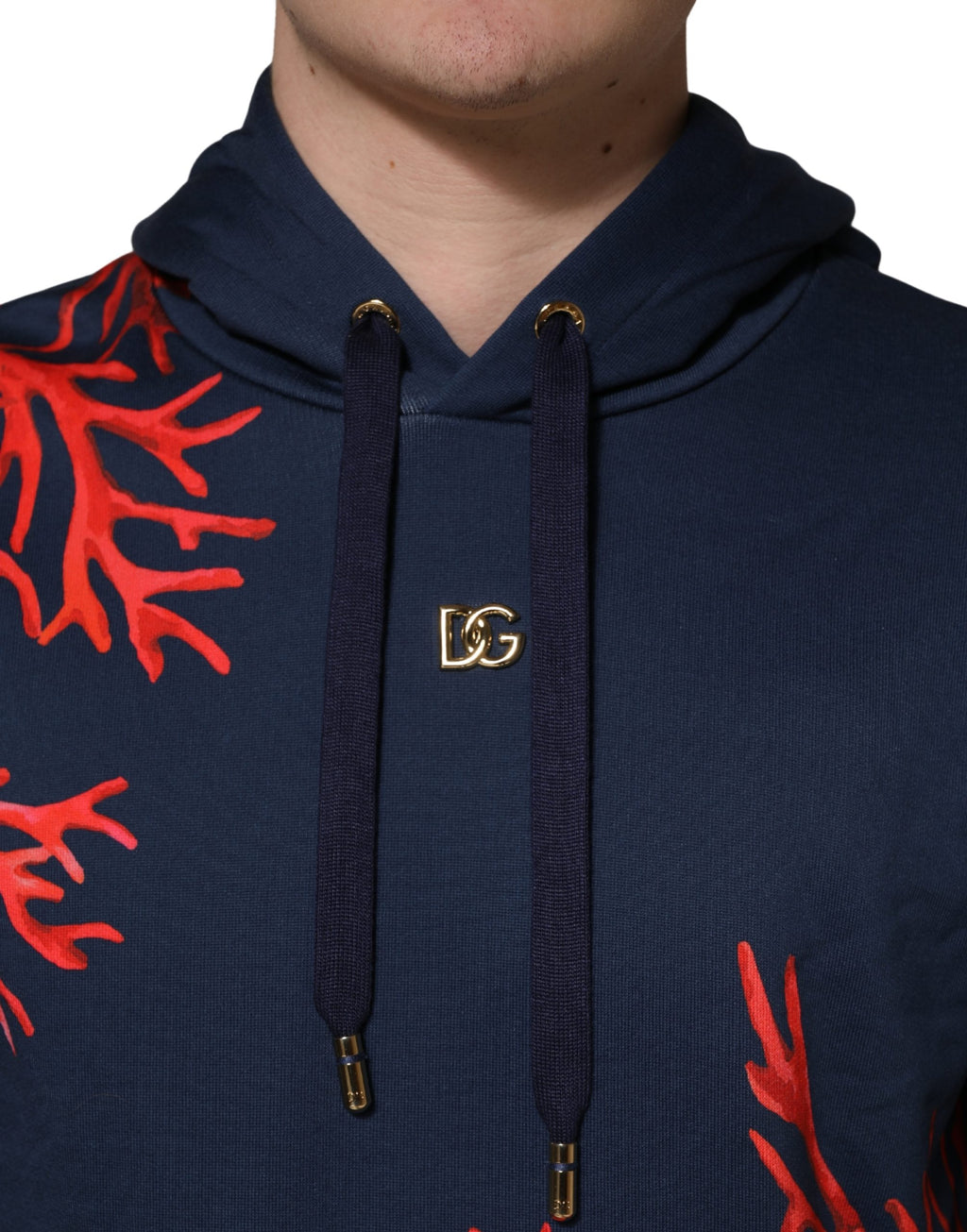 Sweat-shirt à capuche en coton bleu Dolce & Gabbana avec logo corail, pull décontracté pour homme ou femme.