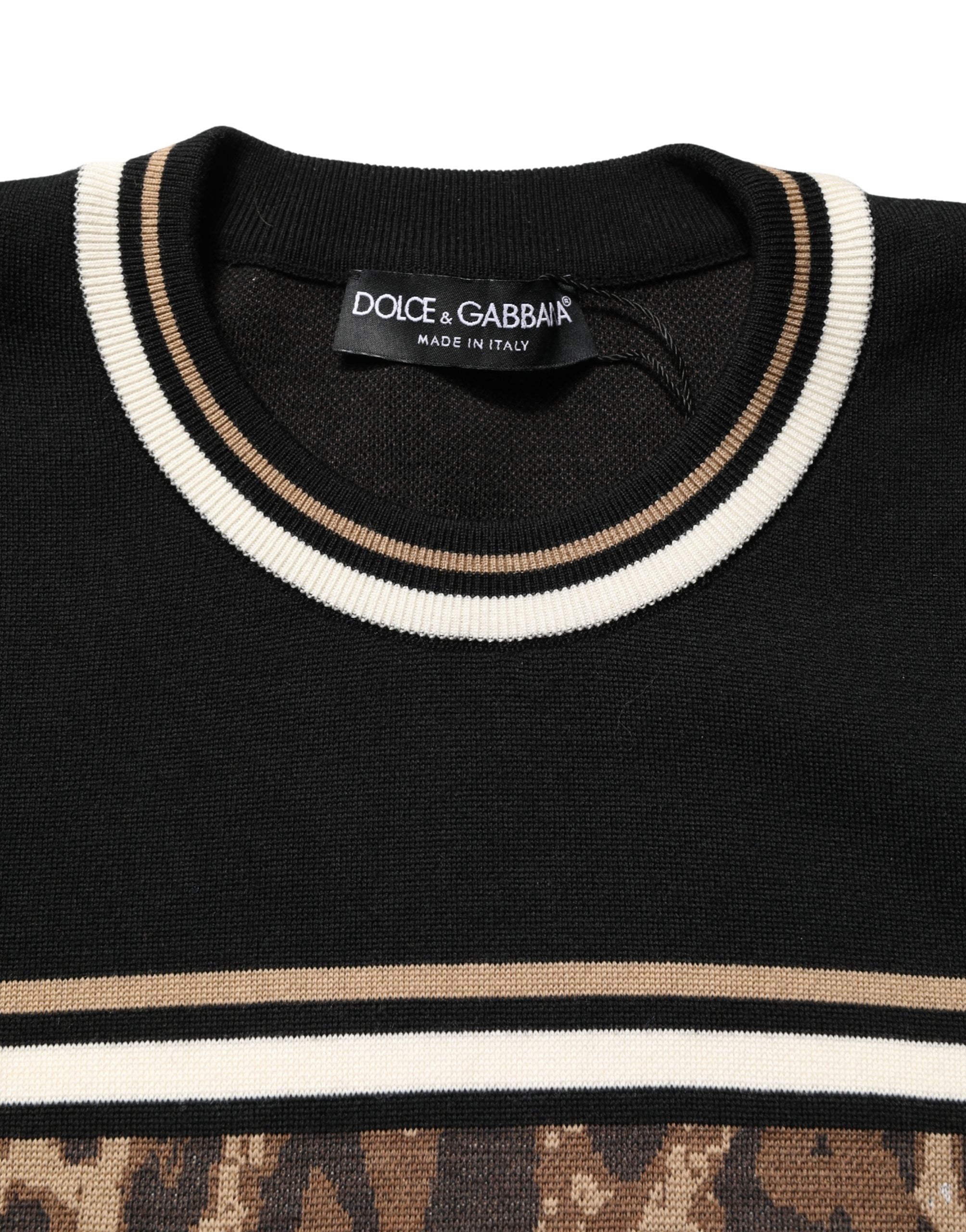 Pull homme Dolce & Gabbana en laine noire avec motif léopard, col rond, style élégant et moderne.