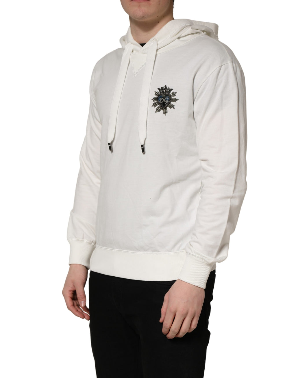 Sweat à capuche en coton blanc Dolce & Gabbana, pull décontracté avec logo brodé, vue de face.