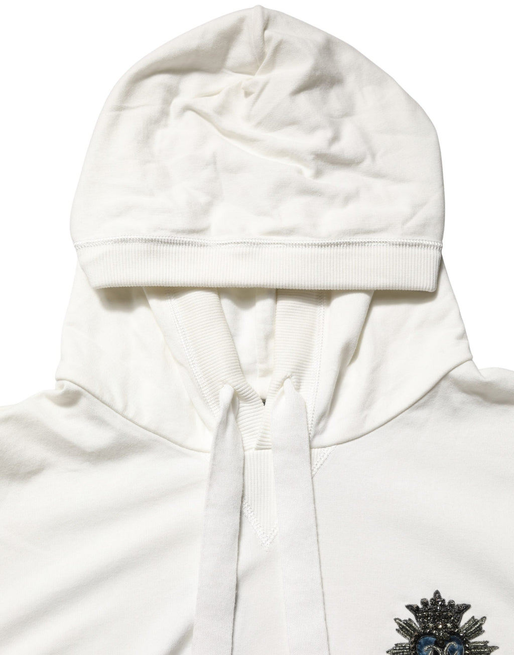 Sweat à capuche en coton blanc de Dolce & Gabbana, pull décontracté avec capuche et logo discret, porté sur un mannequin.