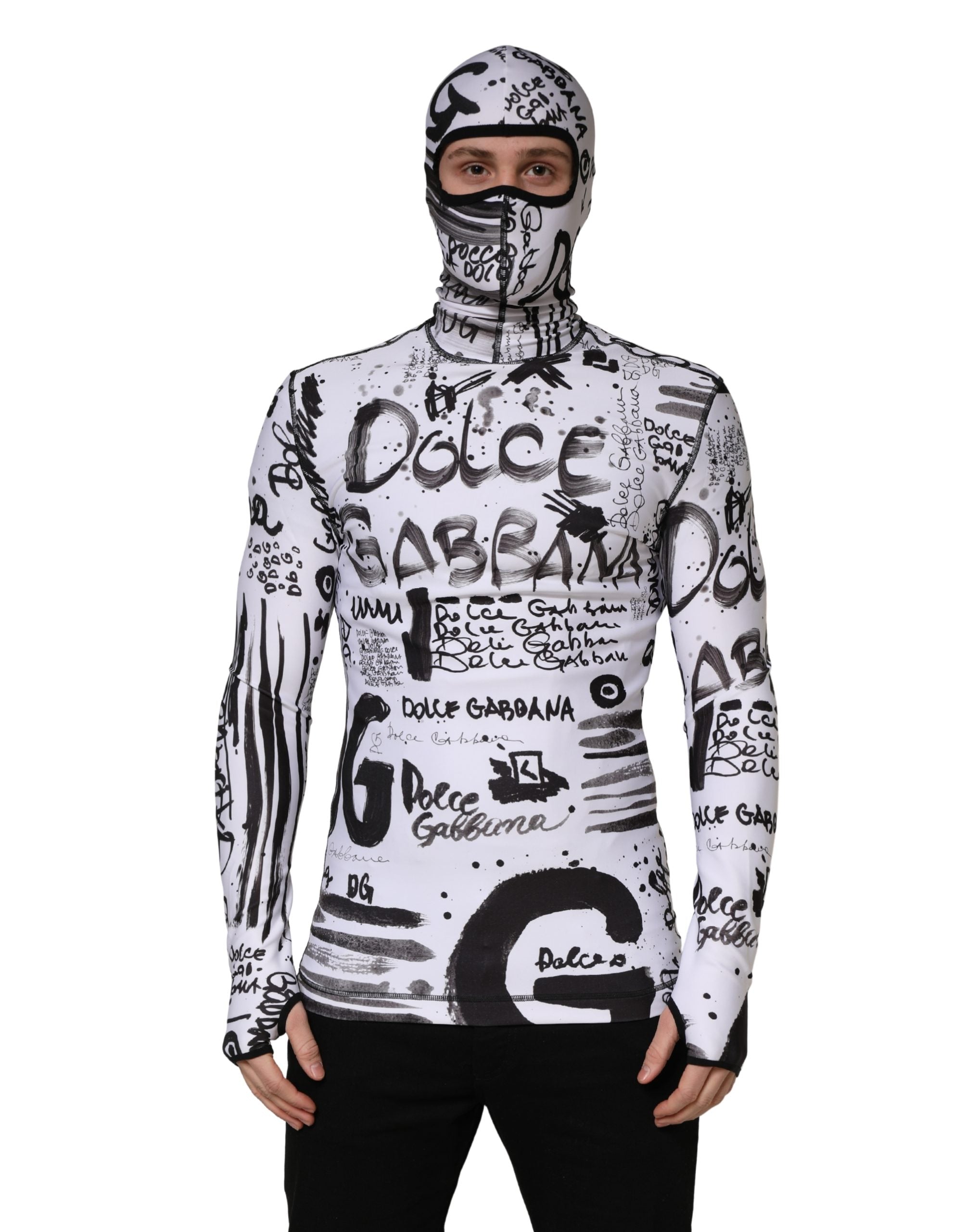 Sweat à capuche Dolce & Gabbana en jersey blanc avec imprimé graffiti, bonnet intégral, style streetwear tendance.