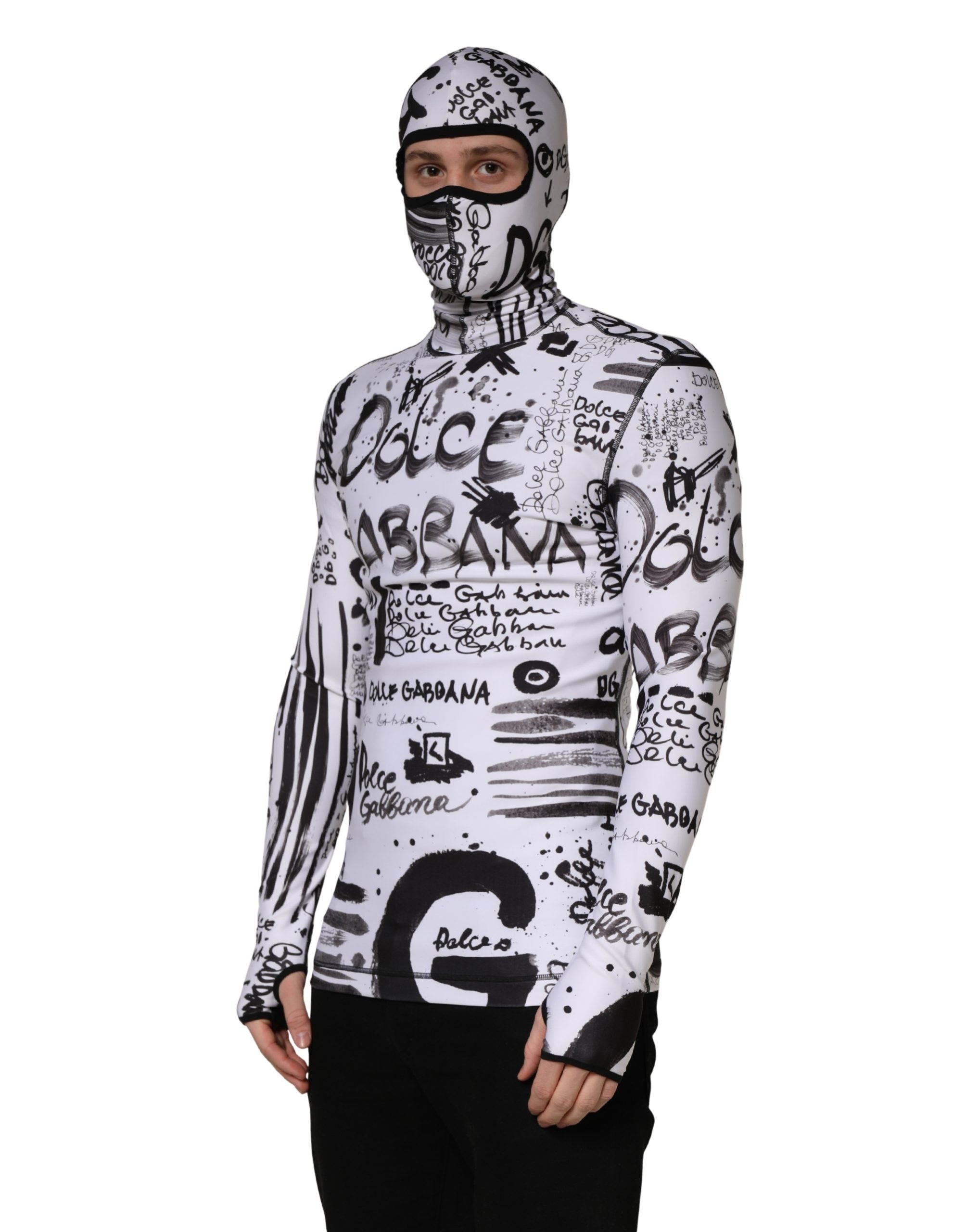 Sweat à capuche Dolce & Gabbana en jersey blanc avec motif graffiti, style balaclava pour un look tendance et urbain.