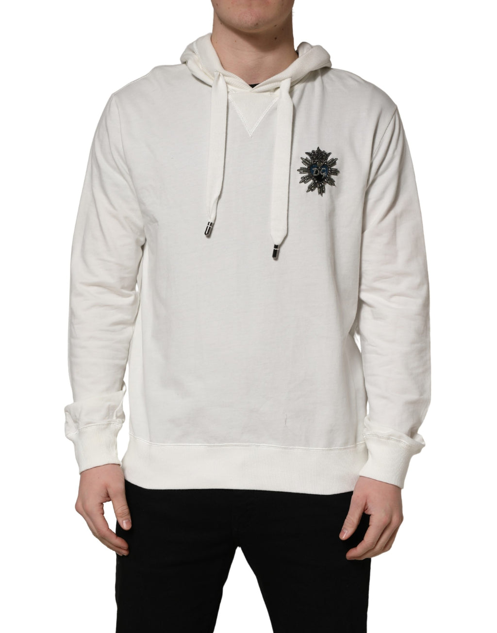 Sweat à capuche blanc en coton de Dolce & Gabbana, pull décontracté avec capuche et manches longues, vue de face.