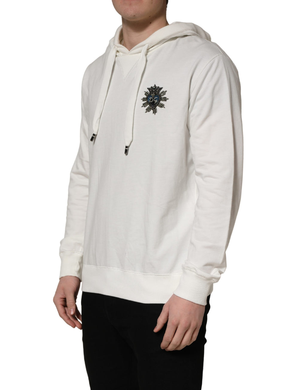 Sweat à capuche blanc en coton Dolce & Gabbana, pull-over décontracté avec capuche, détails élégants et logo discret.