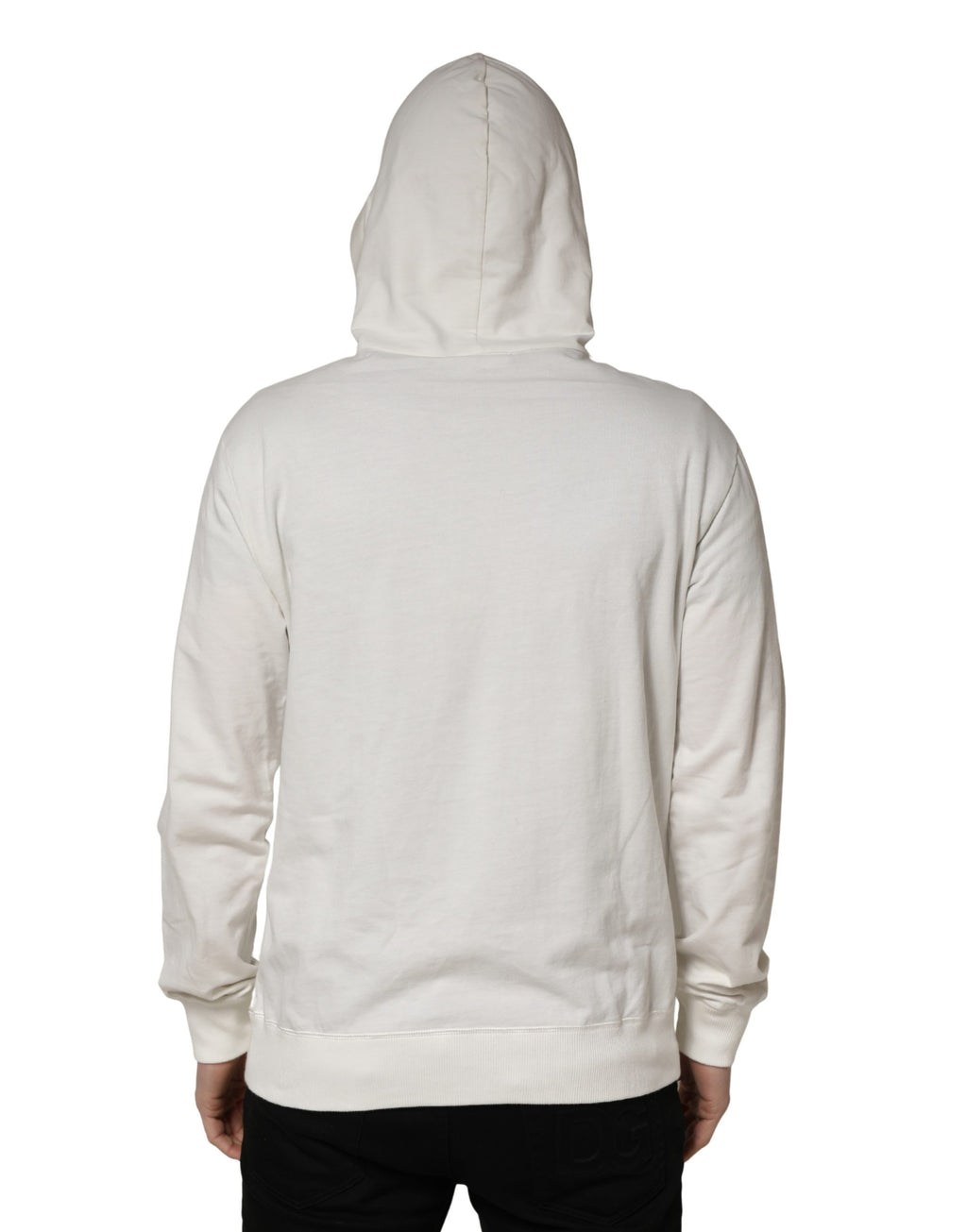Sweat à capuche blanc en coton de Dolce & Gabbana, pull décontracté avec logo, porté sur un modèle.
