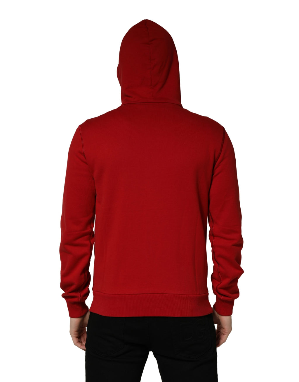 Sweat à capuche Dolce & Gabbana rouge avec logo brodé, zip complet et détails élégants, vue de face sur le produit.