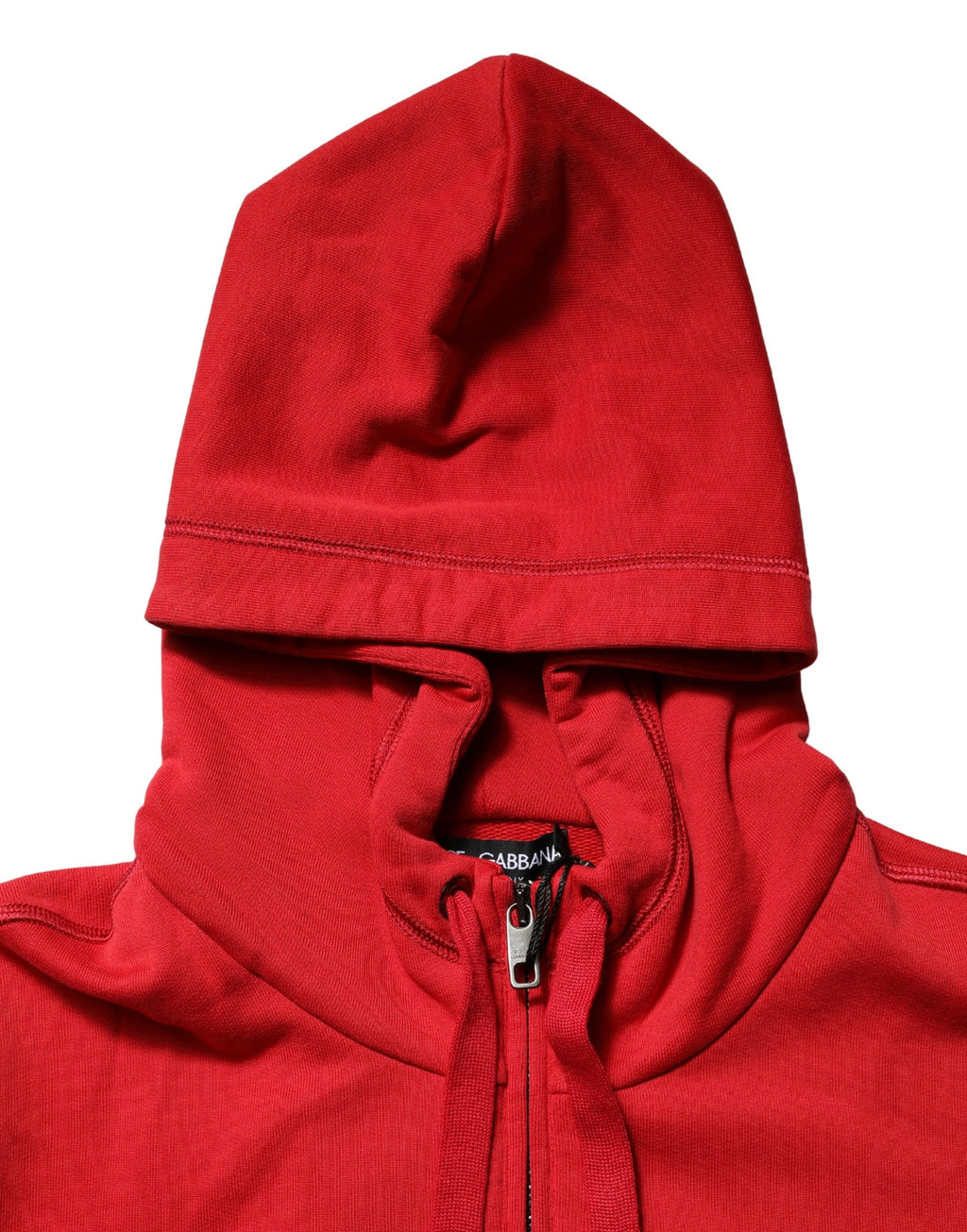 Sweat à capuche Dolce & Gabbana rouge avec logo brodé, fermeture éclair intégrale, style décontracté et élégant.