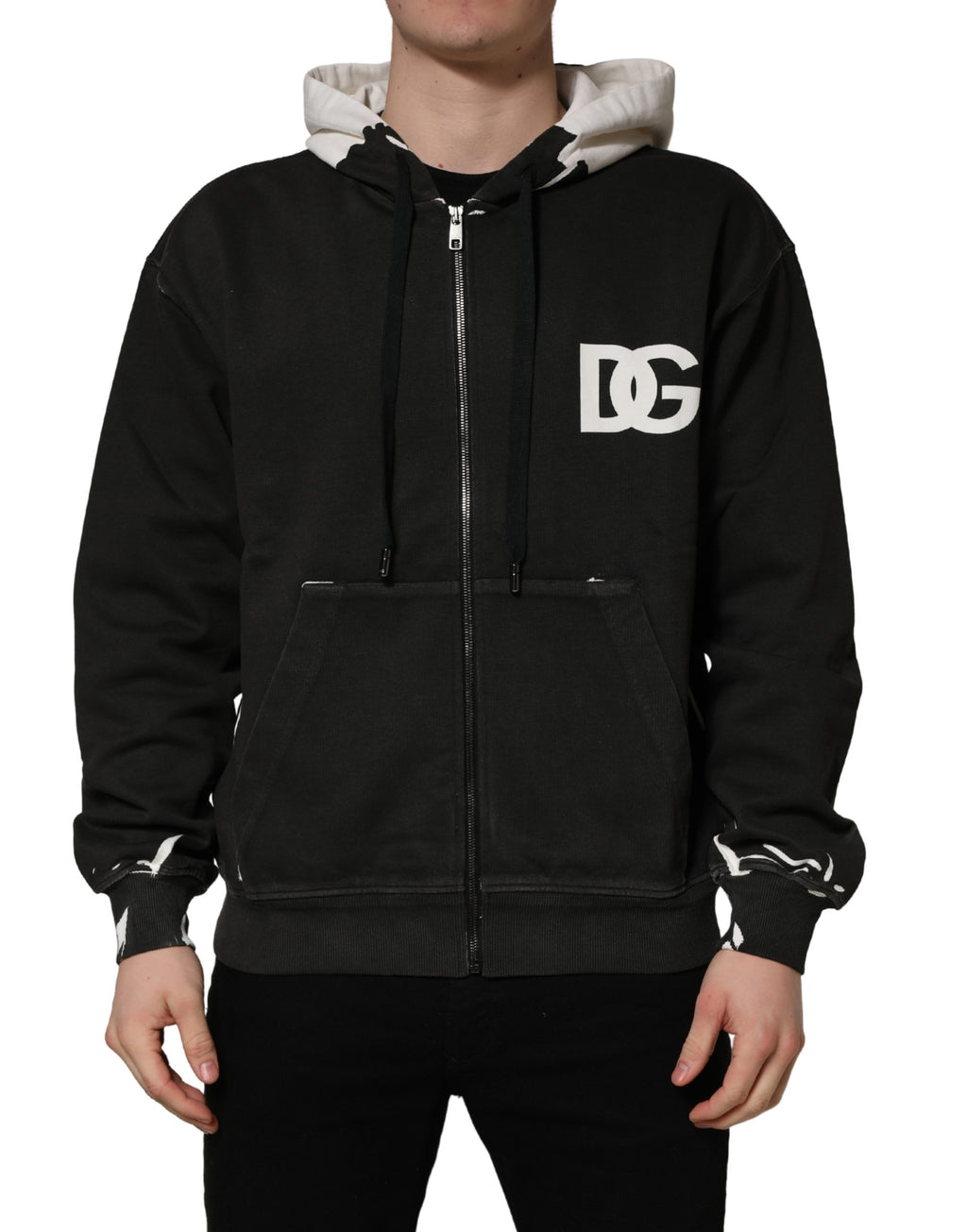 Sweat à capuche noir en coton Dolce & Gabbana avec logo, fermeture éclair pleine longueur, détails élégants et confortables.