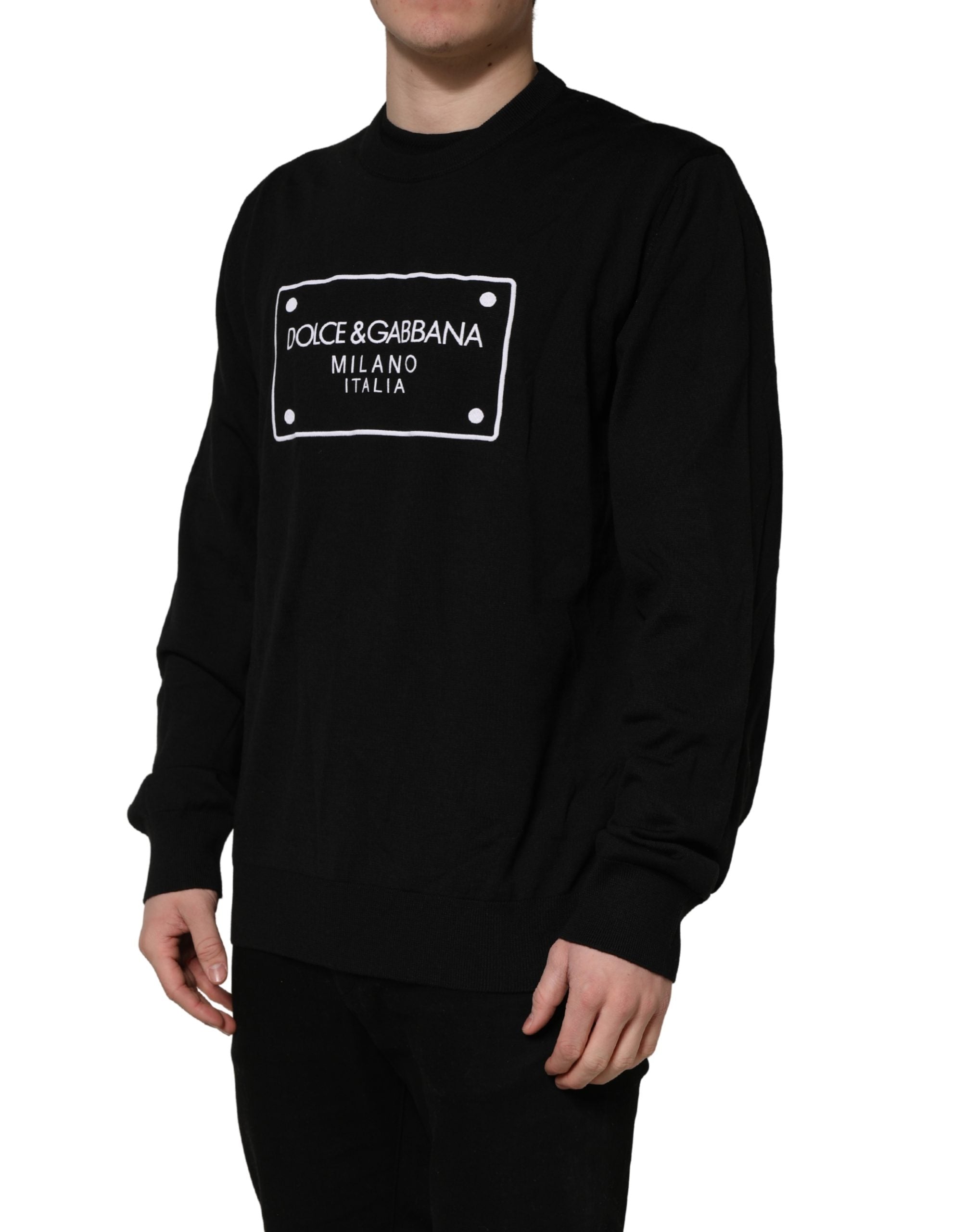 Dolce & Gabbana Black Graphic Logo Crew Neck Wool Pullover Sweater