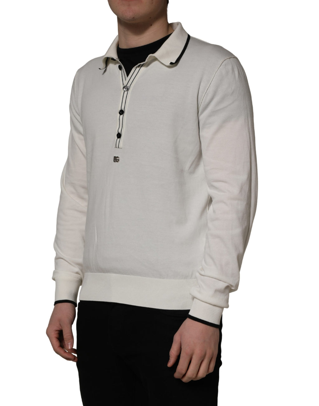 Pull-over homme Dolce & Gabbana en coton mélangé blanc, polo élégant avec col et manches longues.
