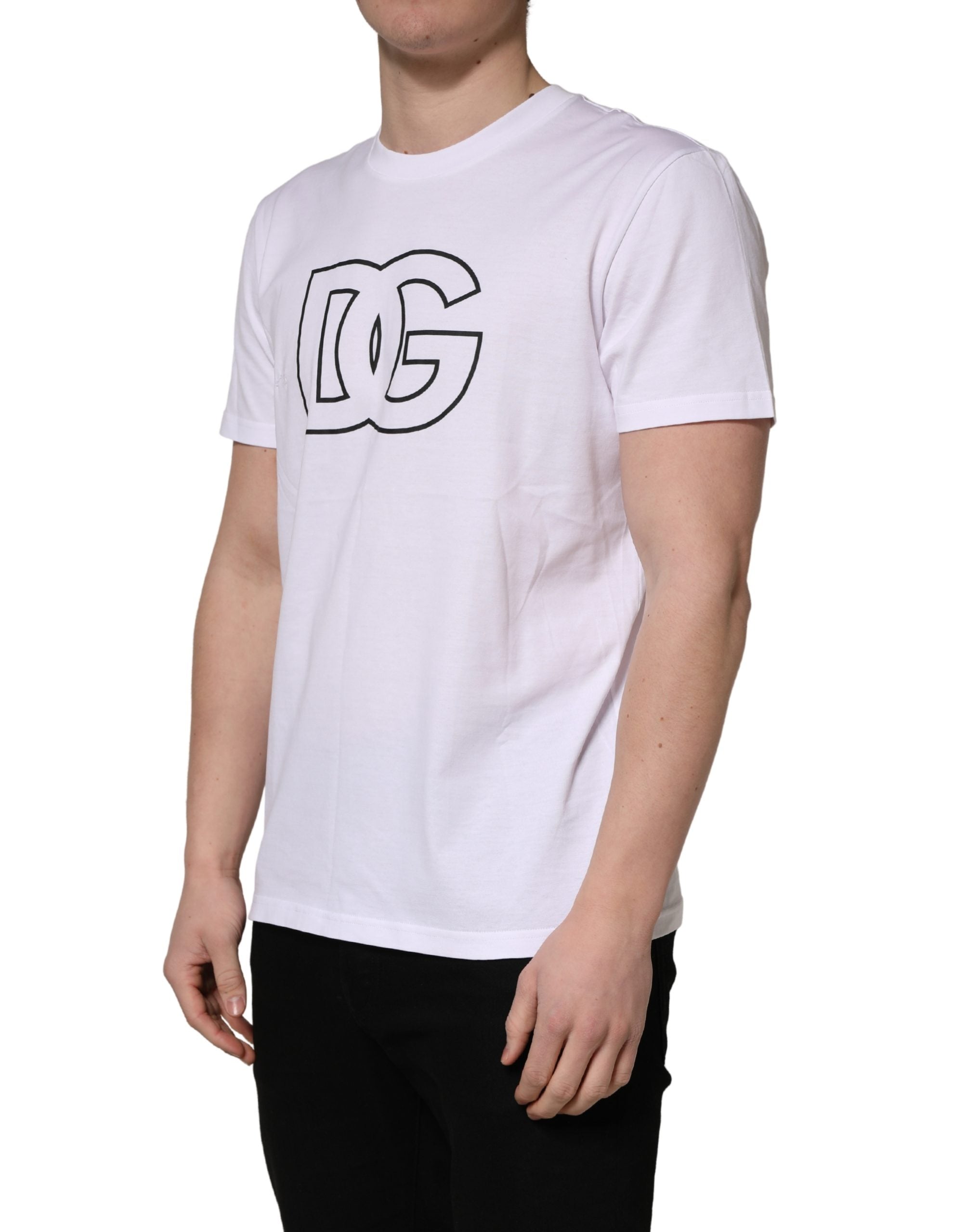 T-shirt blanc pour homme Dolce & Gabbana avec logo DG imprimé à manches courtes et design élégant.