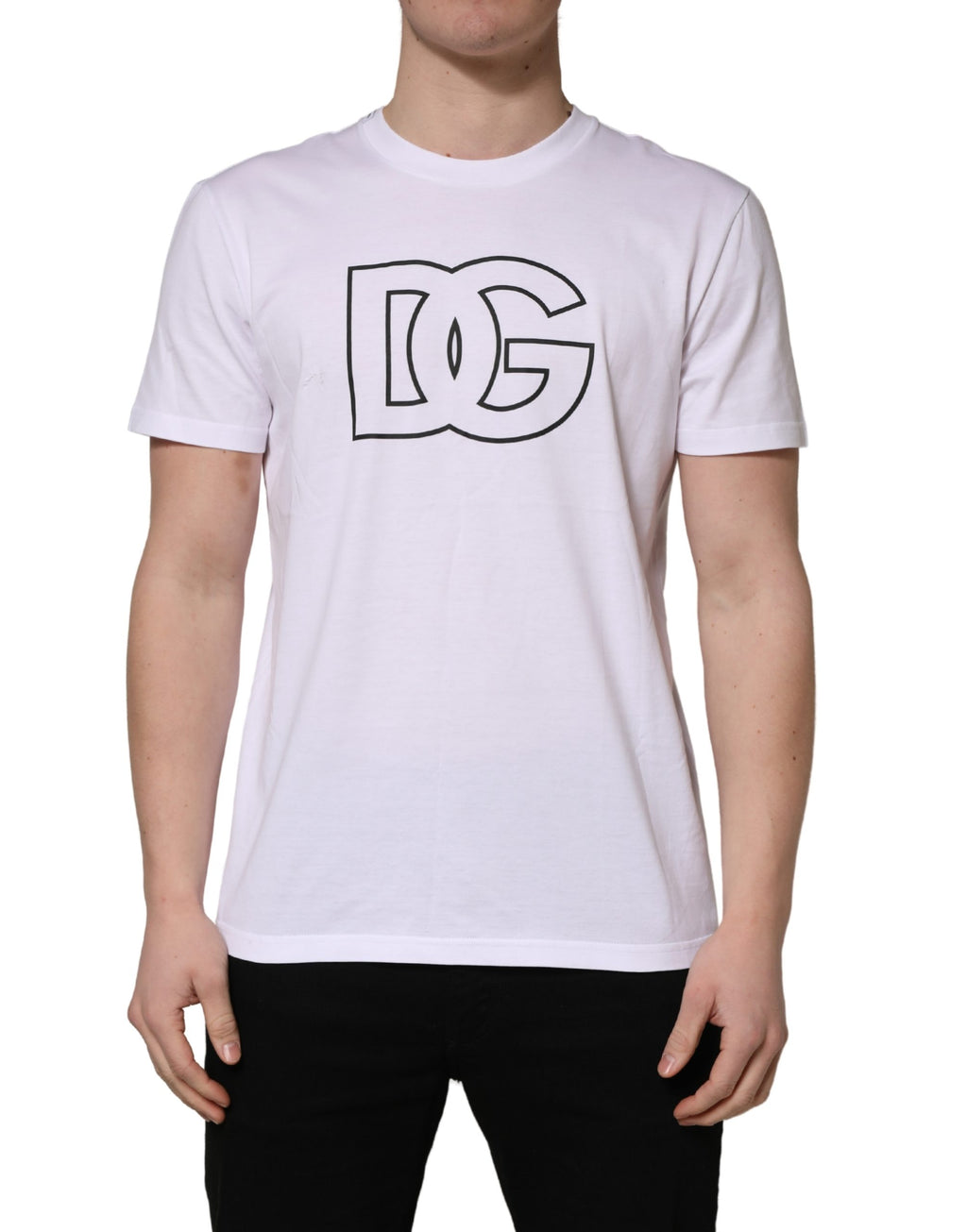 T-shirt homme blanc Dolce & Gabbana avec logo DG imprimé, manches courtes, style décontracté et élégant.