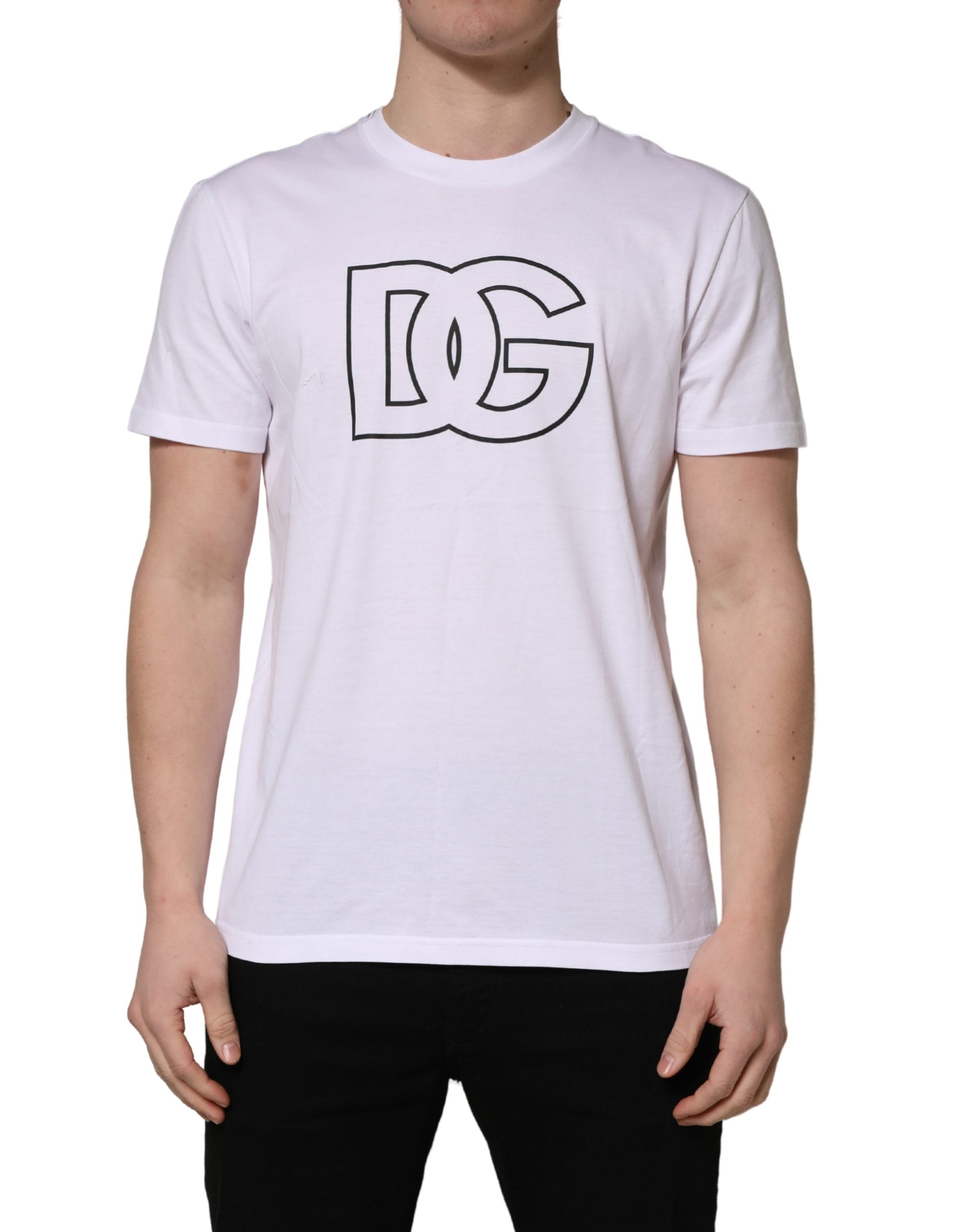 T-shirt homme blanc Dolce & Gabbana avec logo DG imprimé, manches courtes, style décontracté et moderne.