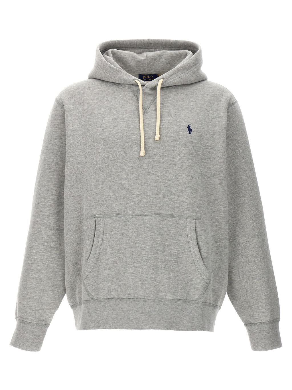 Sweat-shirt gris en coton de Polo Ralph Lauren, col rond et manches longues, porté sur un mannequin.
