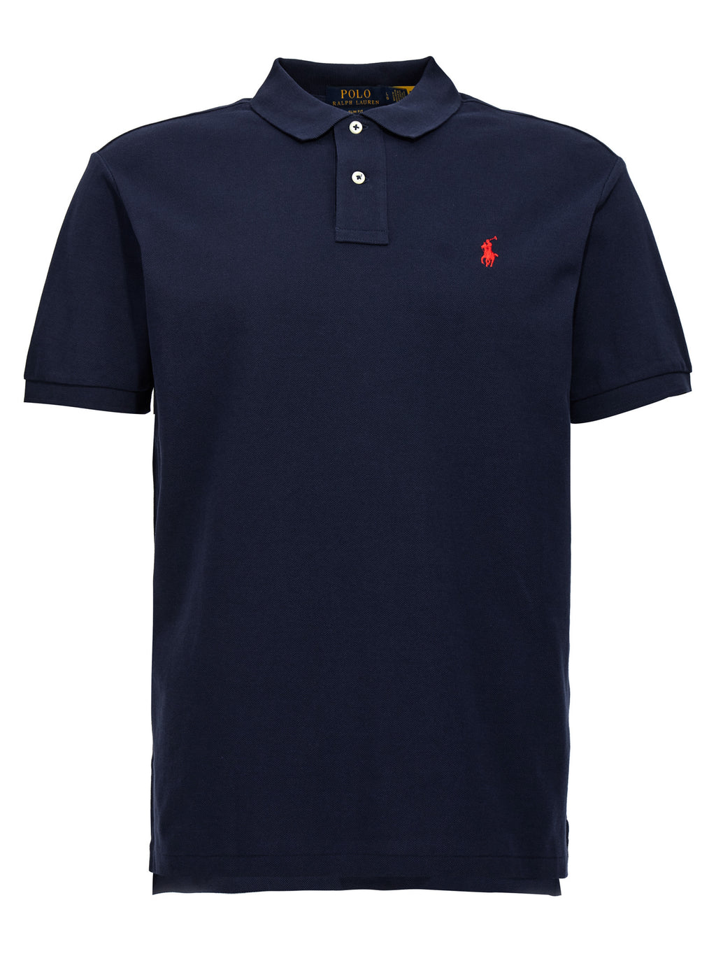 Chemise polo Ralph Lauren en coton bleu, vue de face, avec col classique et logo brodé sur la poitrine.