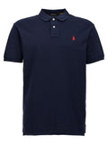 Chemise polo Ralph Lauren en coton bleu, vue de face, avec col classique et logo brodé sur la poitrine.