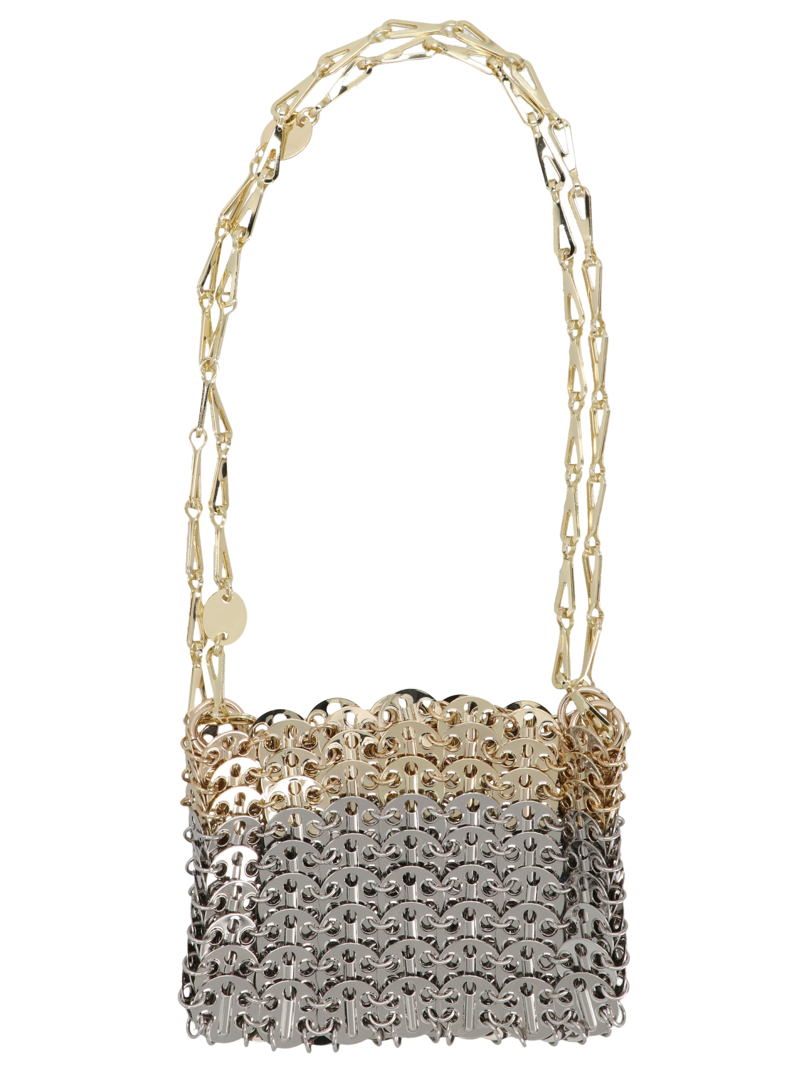 Sac en laiton multicolore Paco Rabanne avec épaule, design moderne et élégant, visible avec poignées et détails colorés.