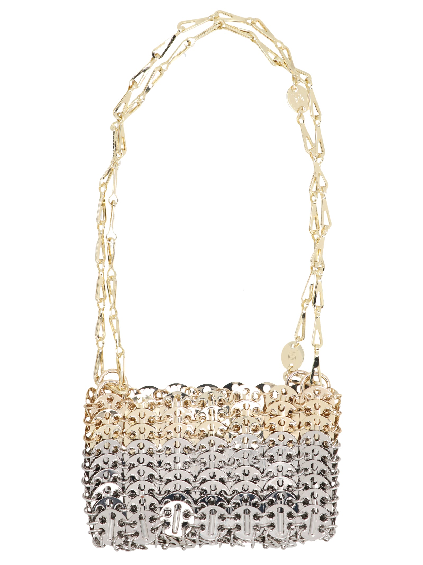 Sac en laiton multicolore Paco Rabanne avec bandoulière, style moderne et design coloré visible sur l'image.