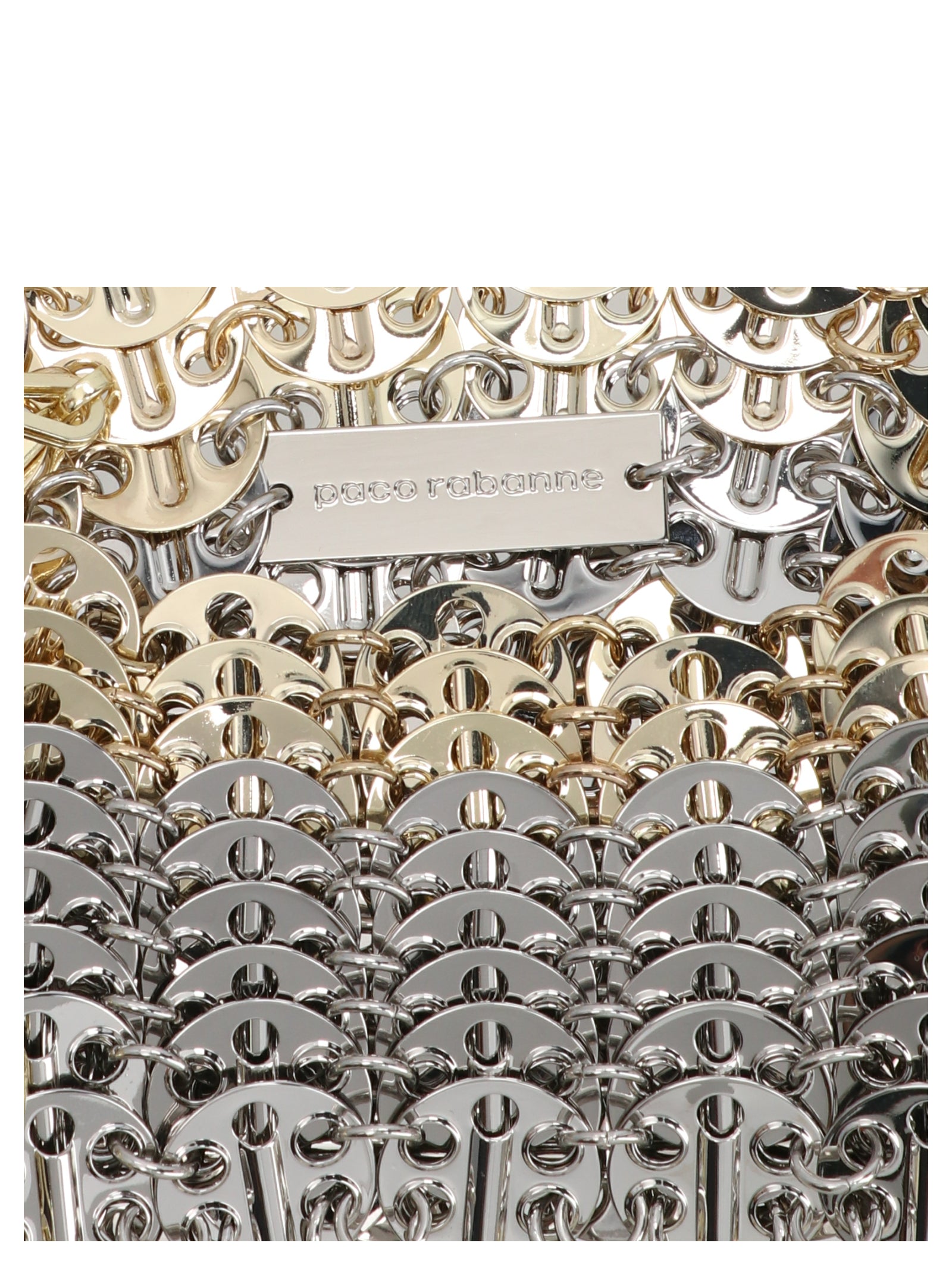 Sac à bandoulière multicolore en laiton Paco Rabanne, design moderne avec détails élégants.