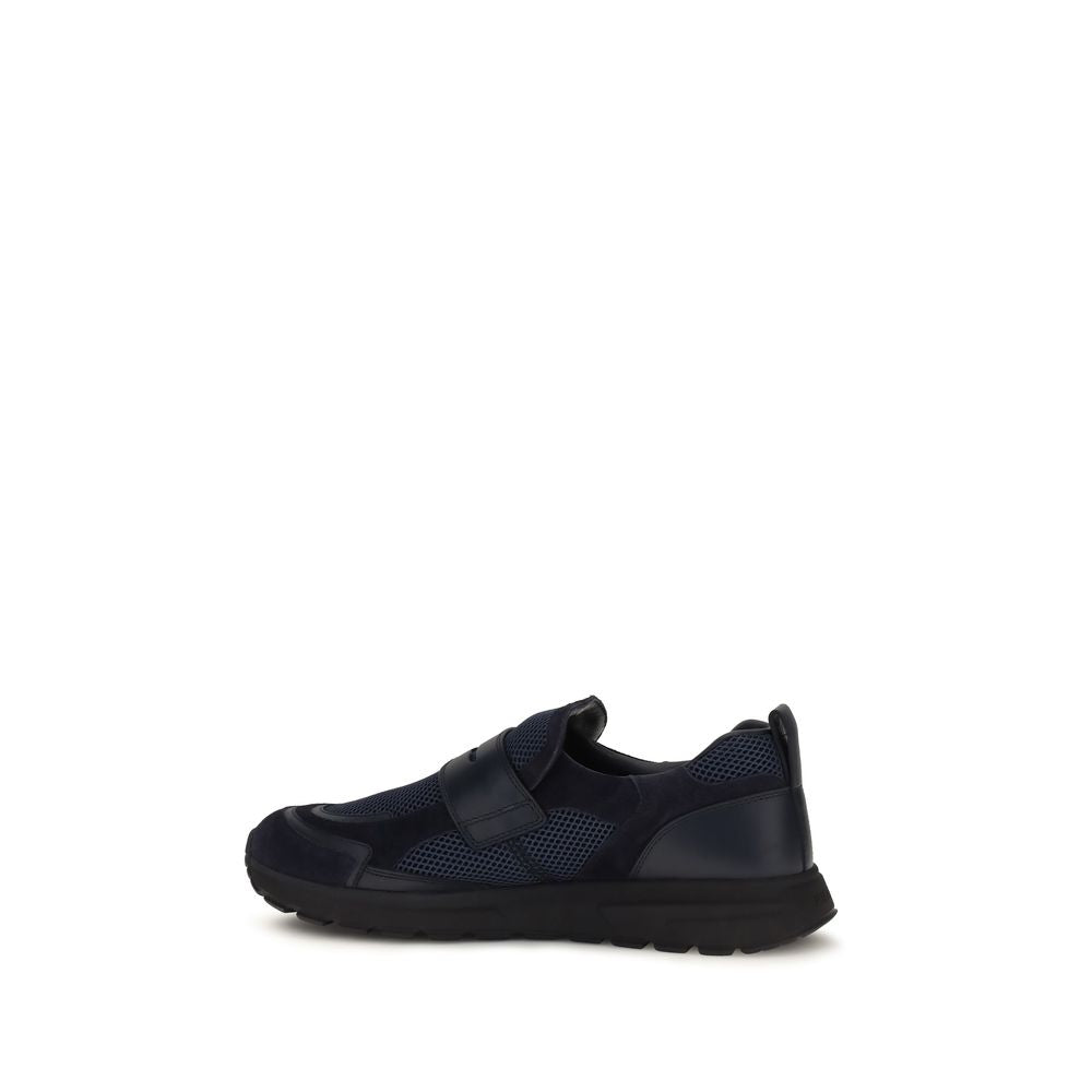 Chaussures sport Prada Bos Taurus en cuir de veau bleu, sneakers athlétiques élégants et confortables pour homme.