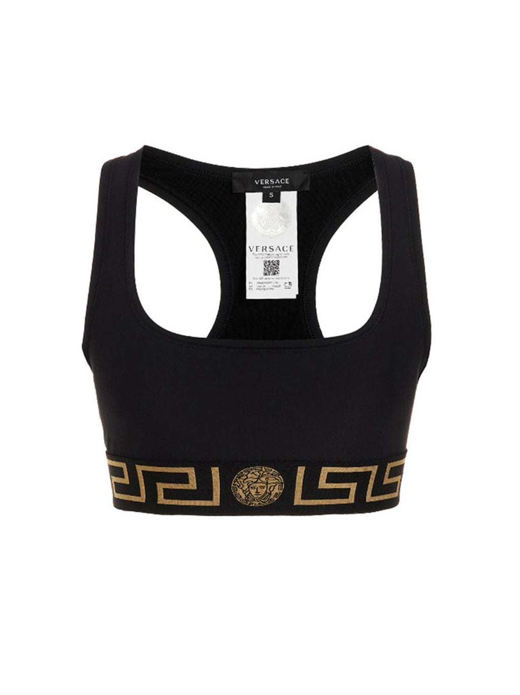 Soutien-gorge de sport noir en polyamide de la marque Versace, avec détails élégants et design ajusté.