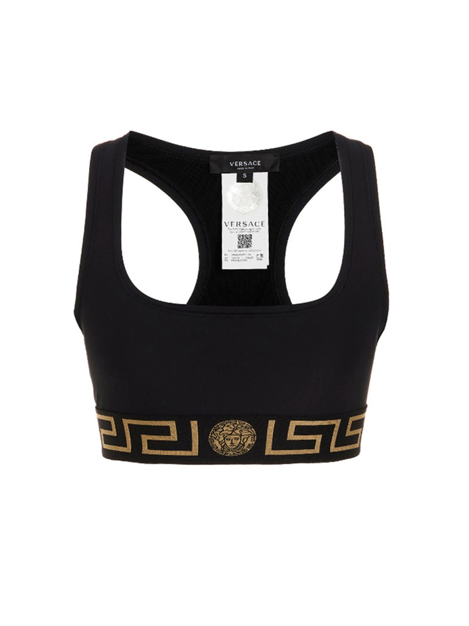 Soutien-gorge de sport noir en polyamide de la marque Versace, avec détails élégants et design ajusté.