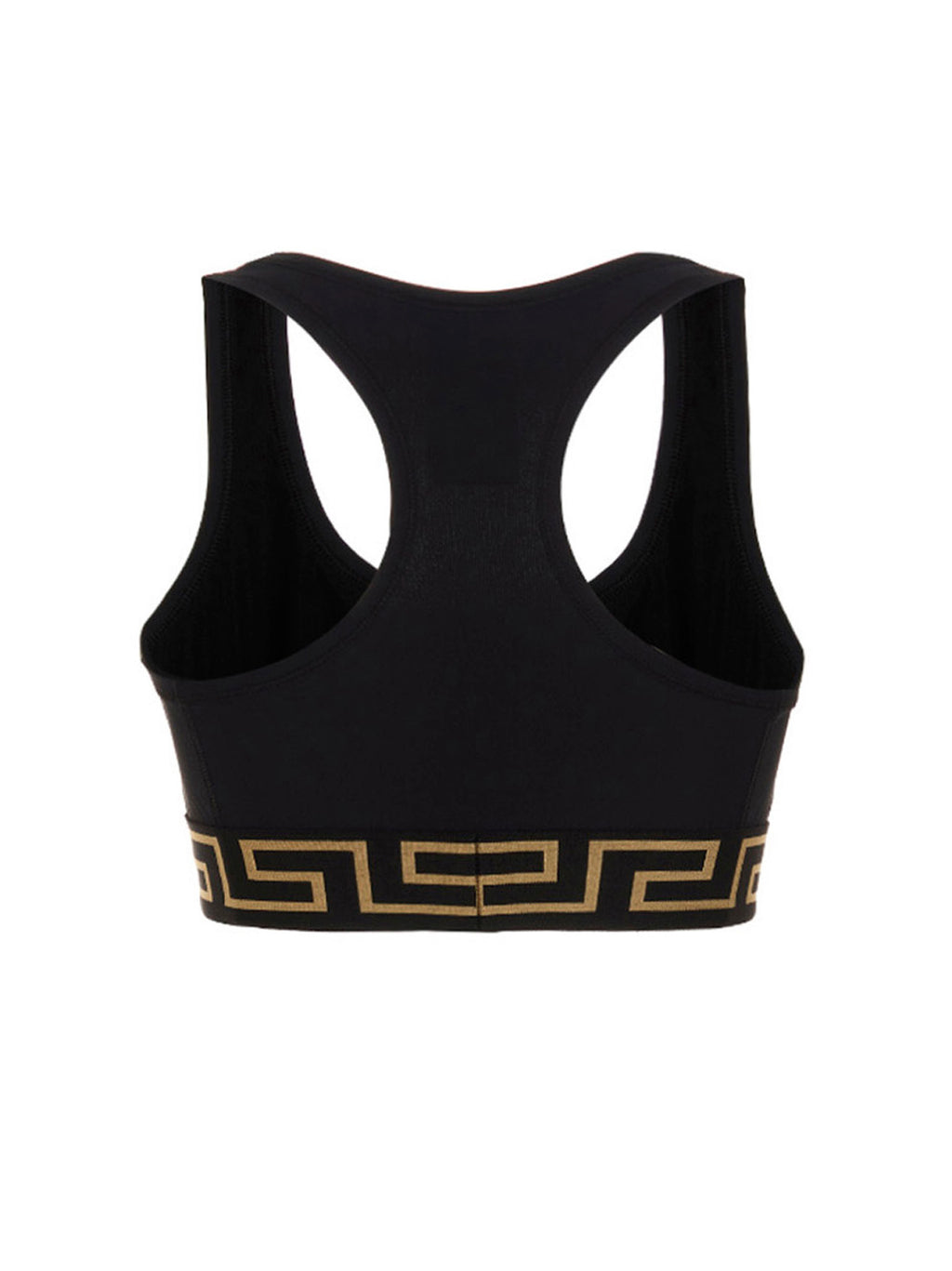 Soutien-gorge de sport noir en polyamide de la marque Versace, ajusté et confortable, visible sur l'image.