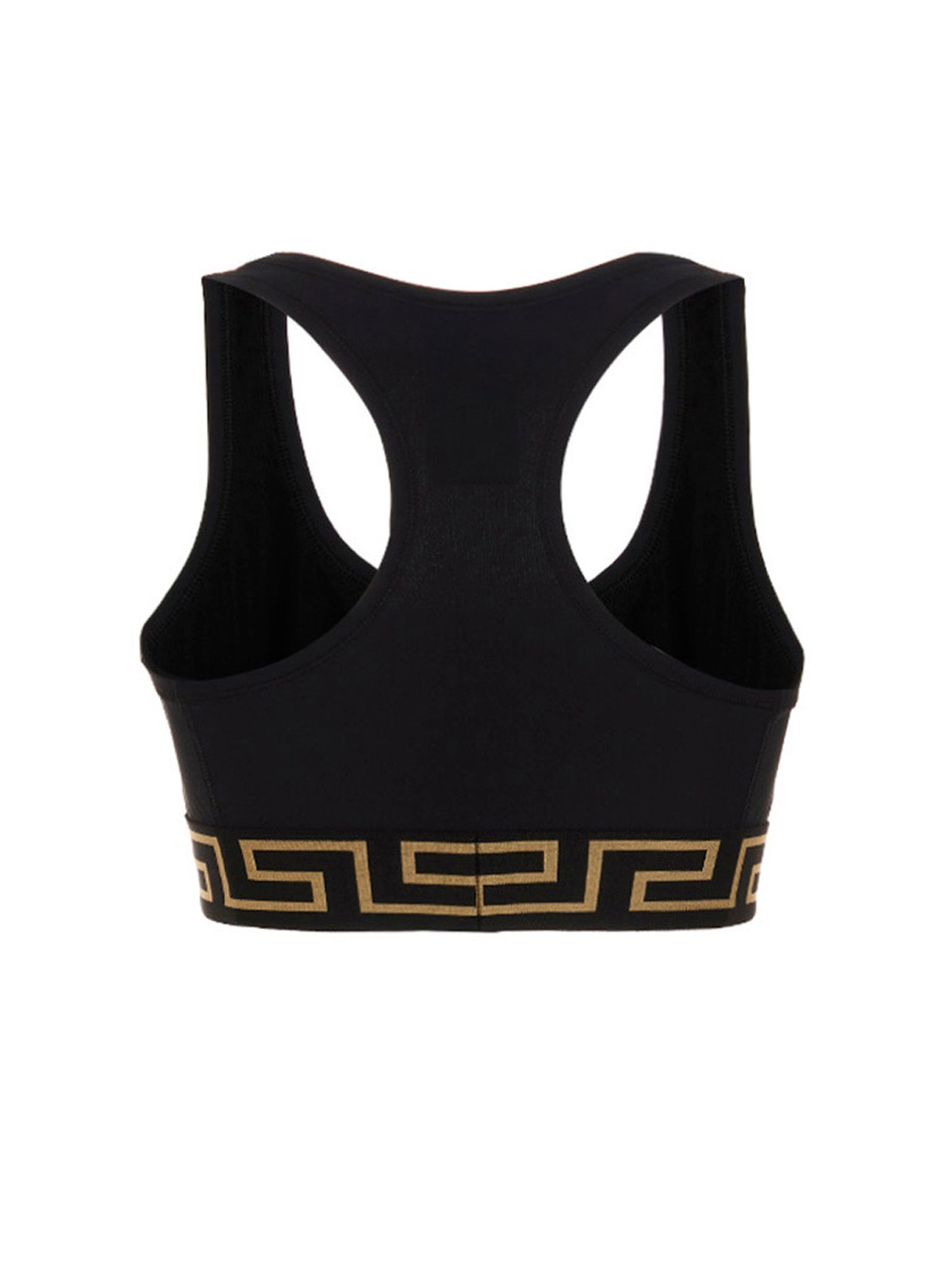 Soutien-gorge de sport noir en polyamide de la marque Versace, ajusté et confortable, visible sur l'image.