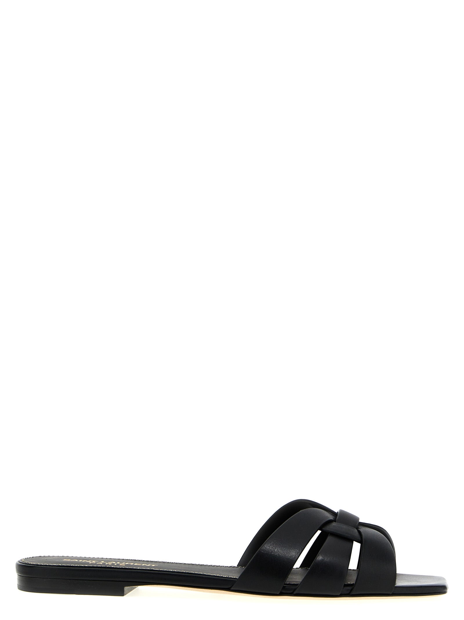 Sandales Saint Laurent en cuir de veau noir avec brides épaisses et logo discret, pour un style élégant et sophistiqué.