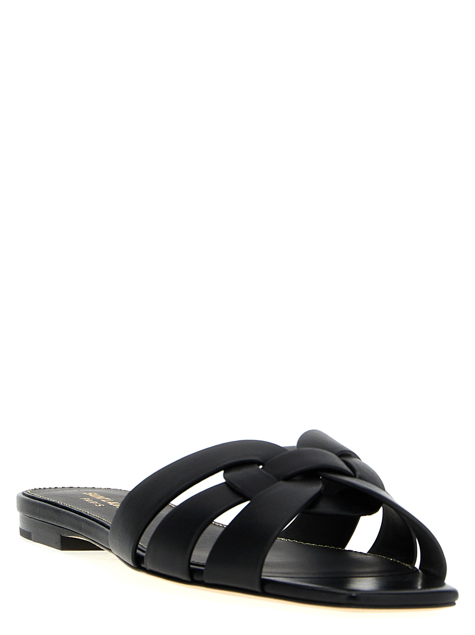 Sandales Saint Laurent en cuir de veau noir, style élégant avec détails minimalistes, parfaites pour un look sophistiqué.