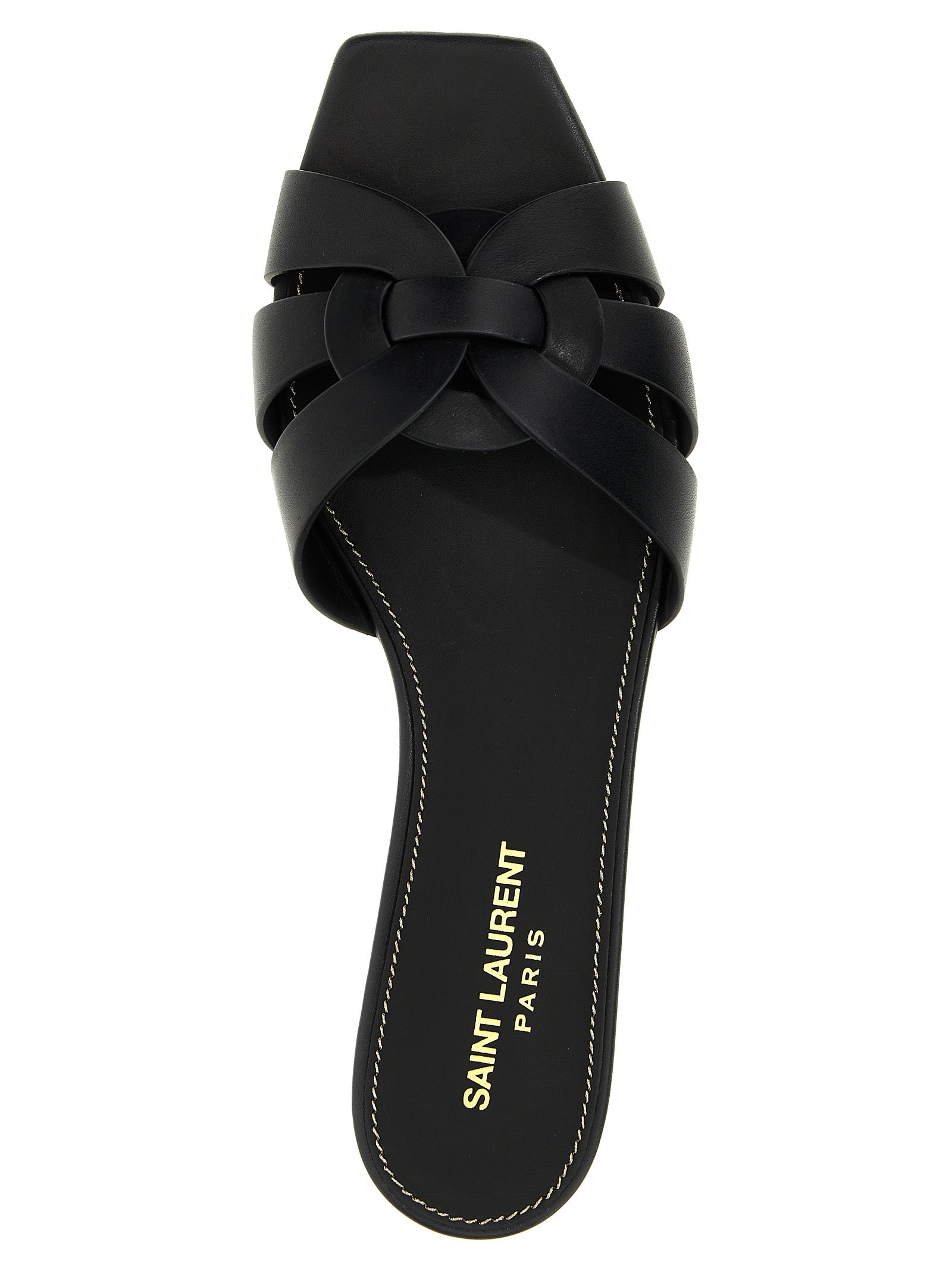 Sandales Saint Laurent en cuir de veau noir, élégantes et sophistiquées, avec finition lisse et semelle en caoutchouc.
