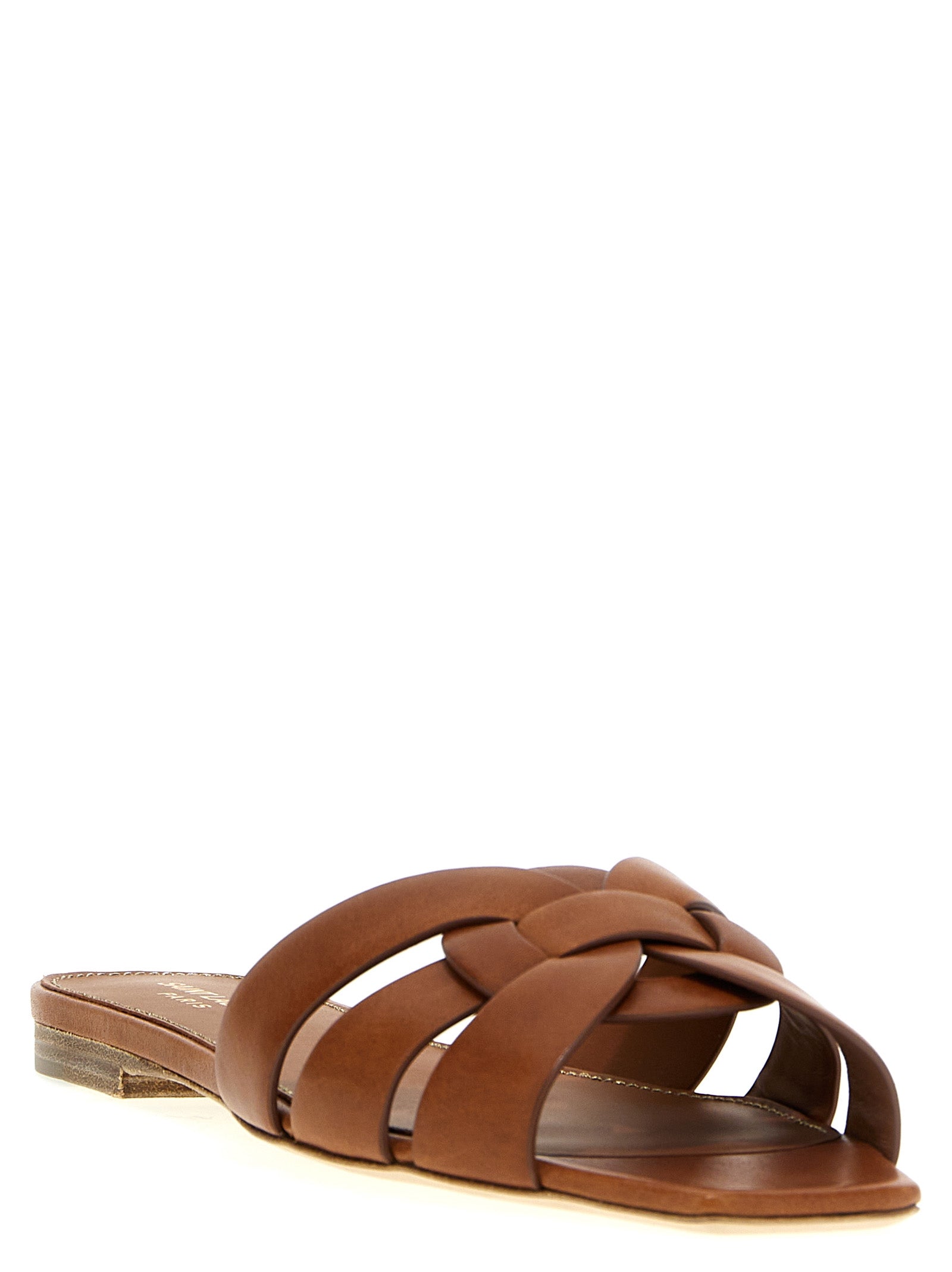 Sandales en cuir de veau marron Saint Laurent, slides élégants avec boucle dorée et design épuré.