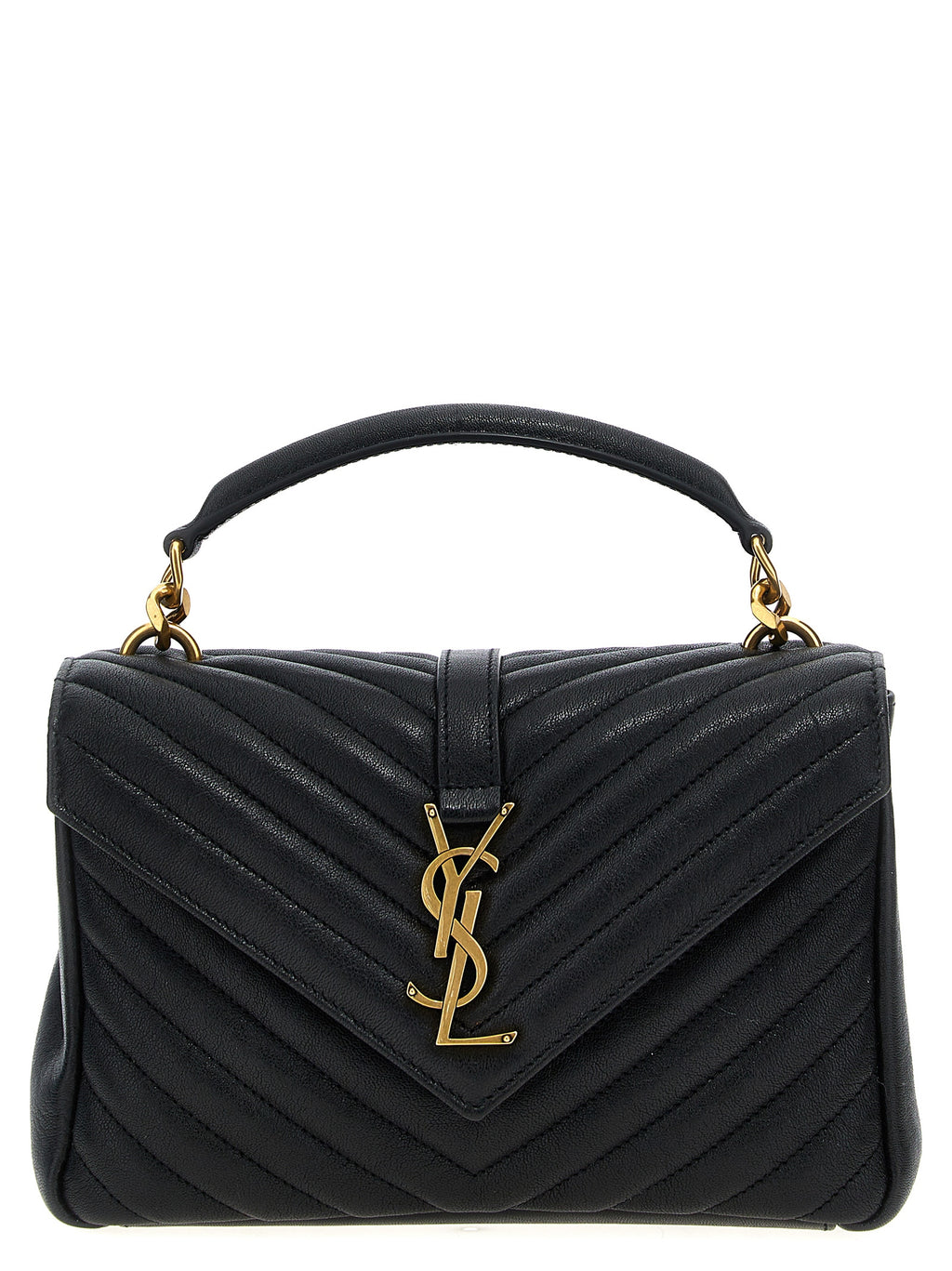Sac à bandoulière Saint Laurent en cuir de veau noir, élégant et sophistiqué, avec détails métalliques raffinés.