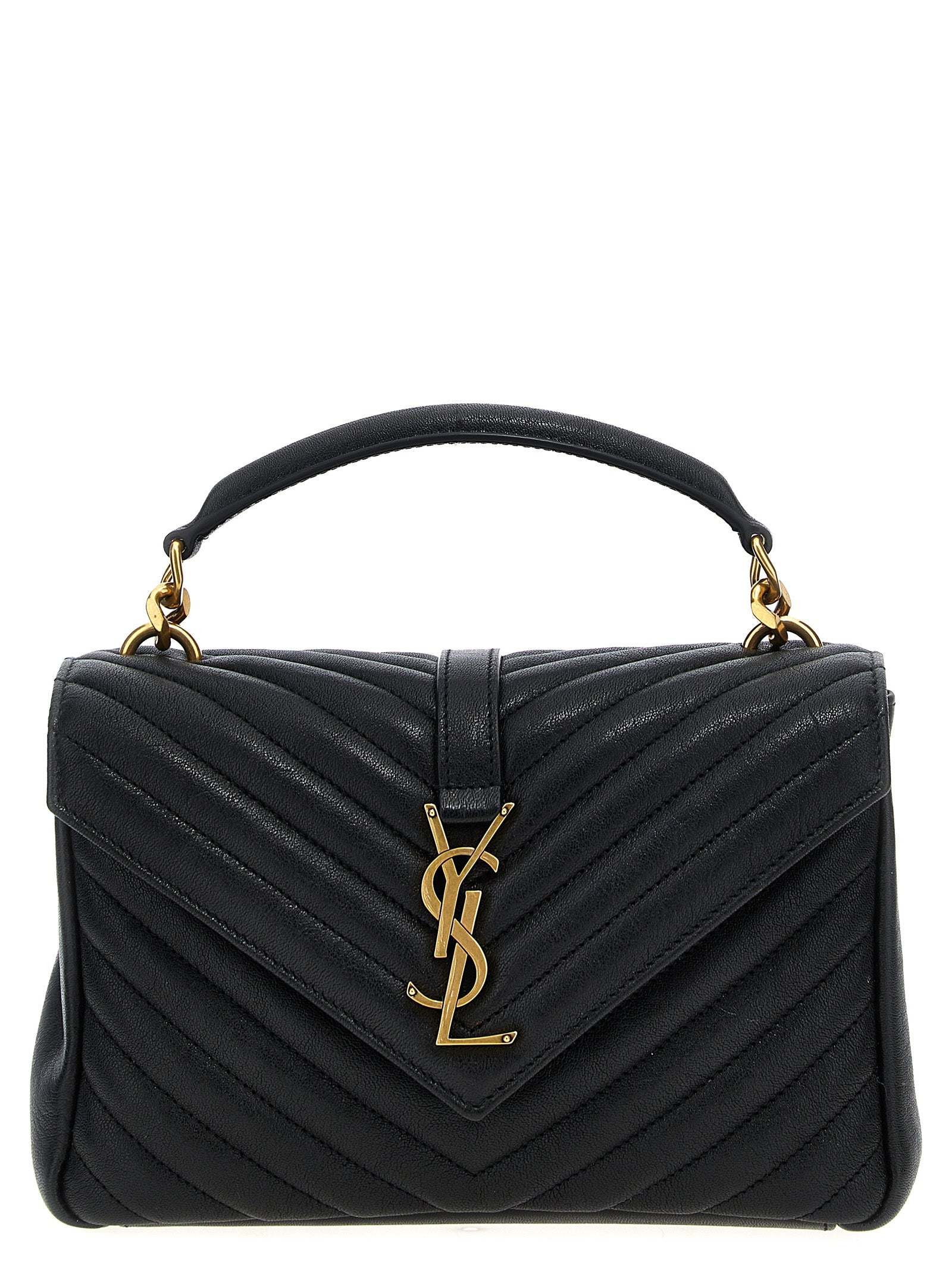 Sac à bandoulière Saint Laurent en cuir de veau noir, élégant et sophistiqué, avec détails métalliques raffinés.