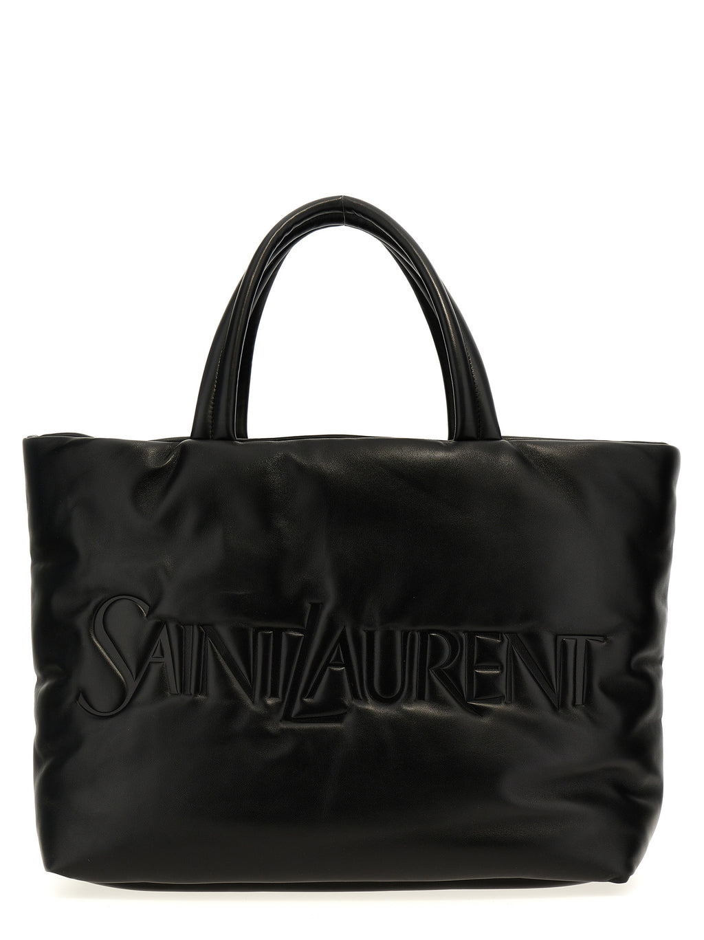 Sac cabas en cuir d'agneau noir de Saint Laurent, finition élégante et design sophistiqué, vue de face.