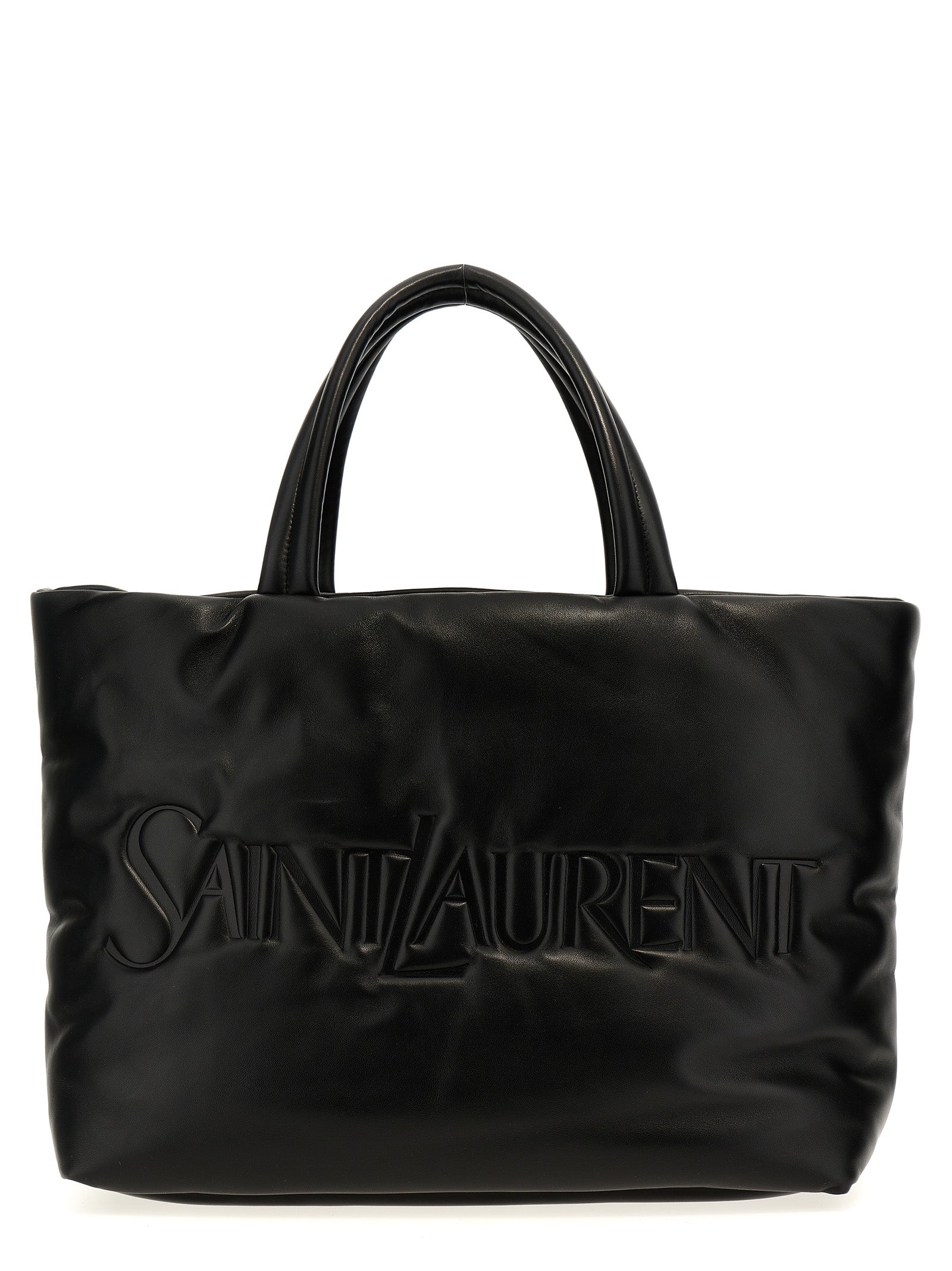 Sac cabas en cuir d'agneau noir de Saint Laurent, finition élégante et design sophistiqué, vue de face.