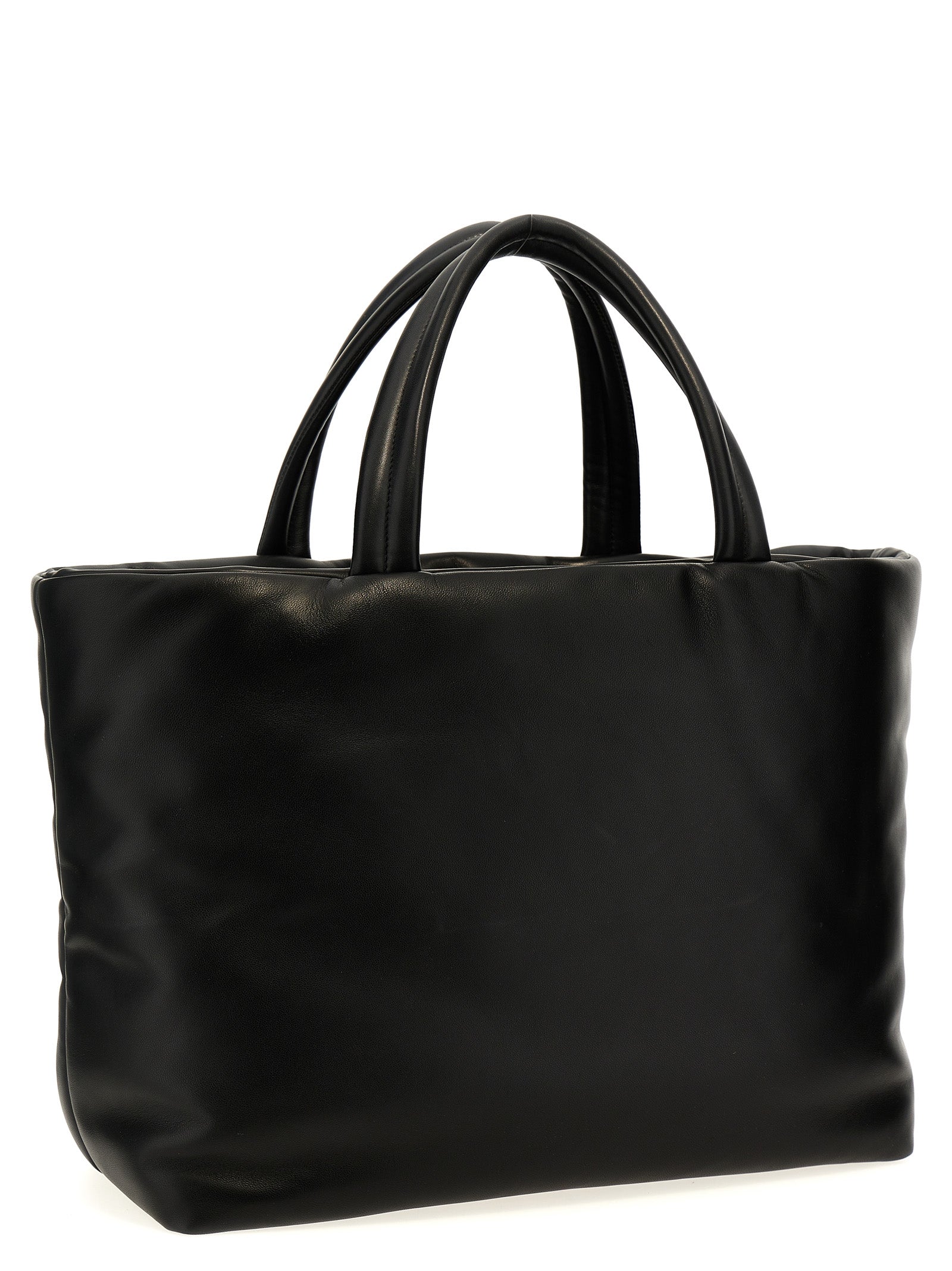 Sac à main Saint Laurent en cuir d'agneau noir, grand modèle avec poignées en cuir et finition élégante, vue de face.