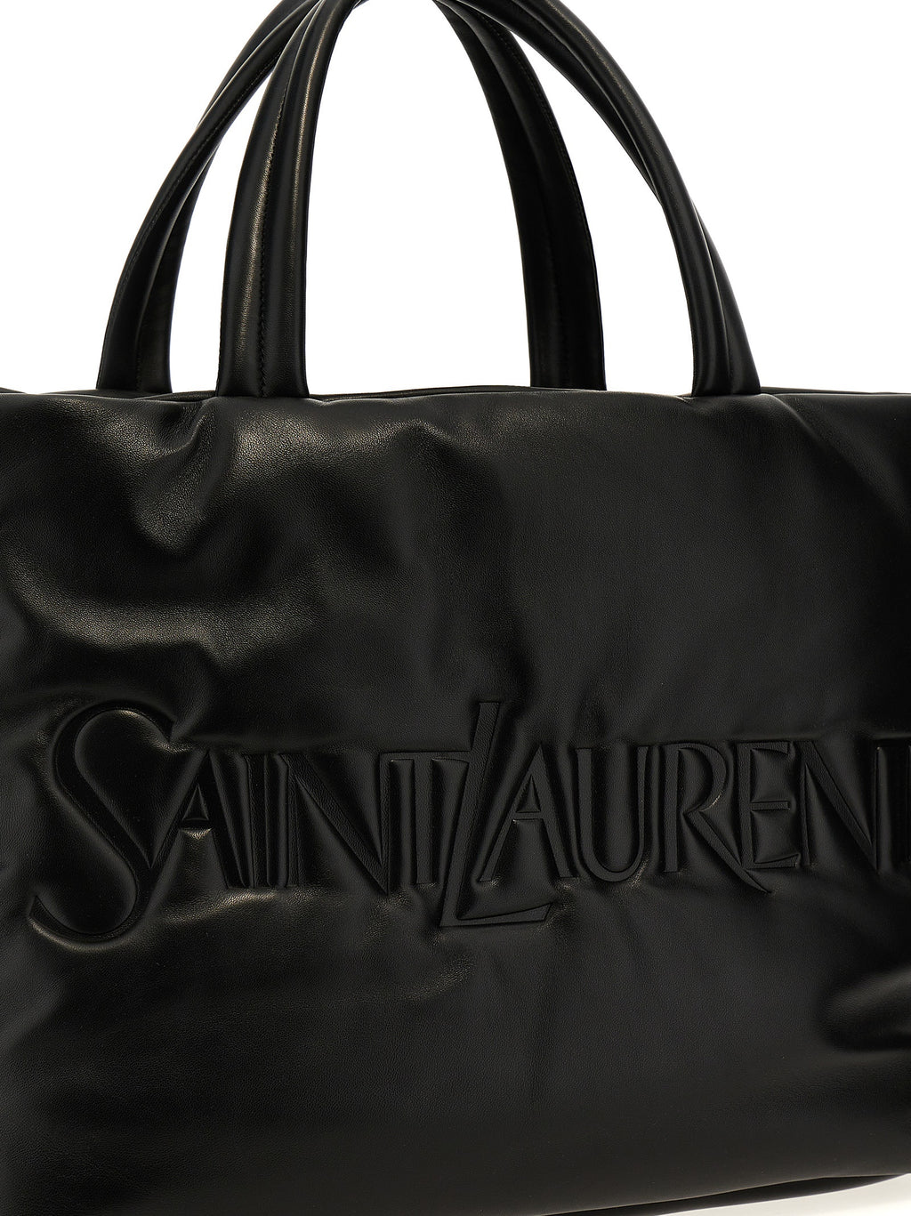 Sac à main tote en cuir d'agneau noir de Saint Laurent, élégant et sophistiqué, avec poignées en cuir et logo discret.
