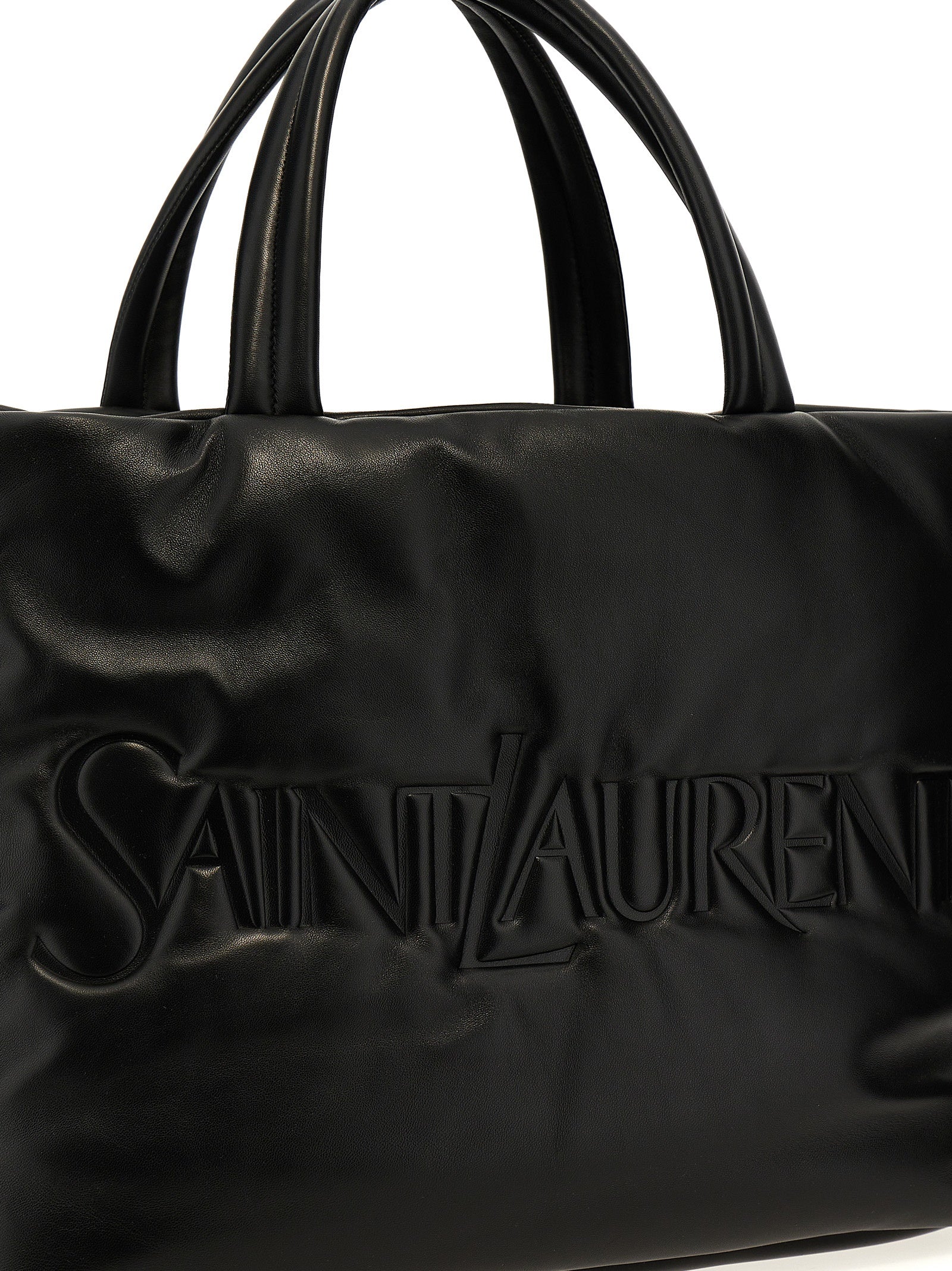Sac à main tote en cuir d'agneau noir de Saint Laurent, élégant et sophistiqué, avec poignées en cuir et logo discret.