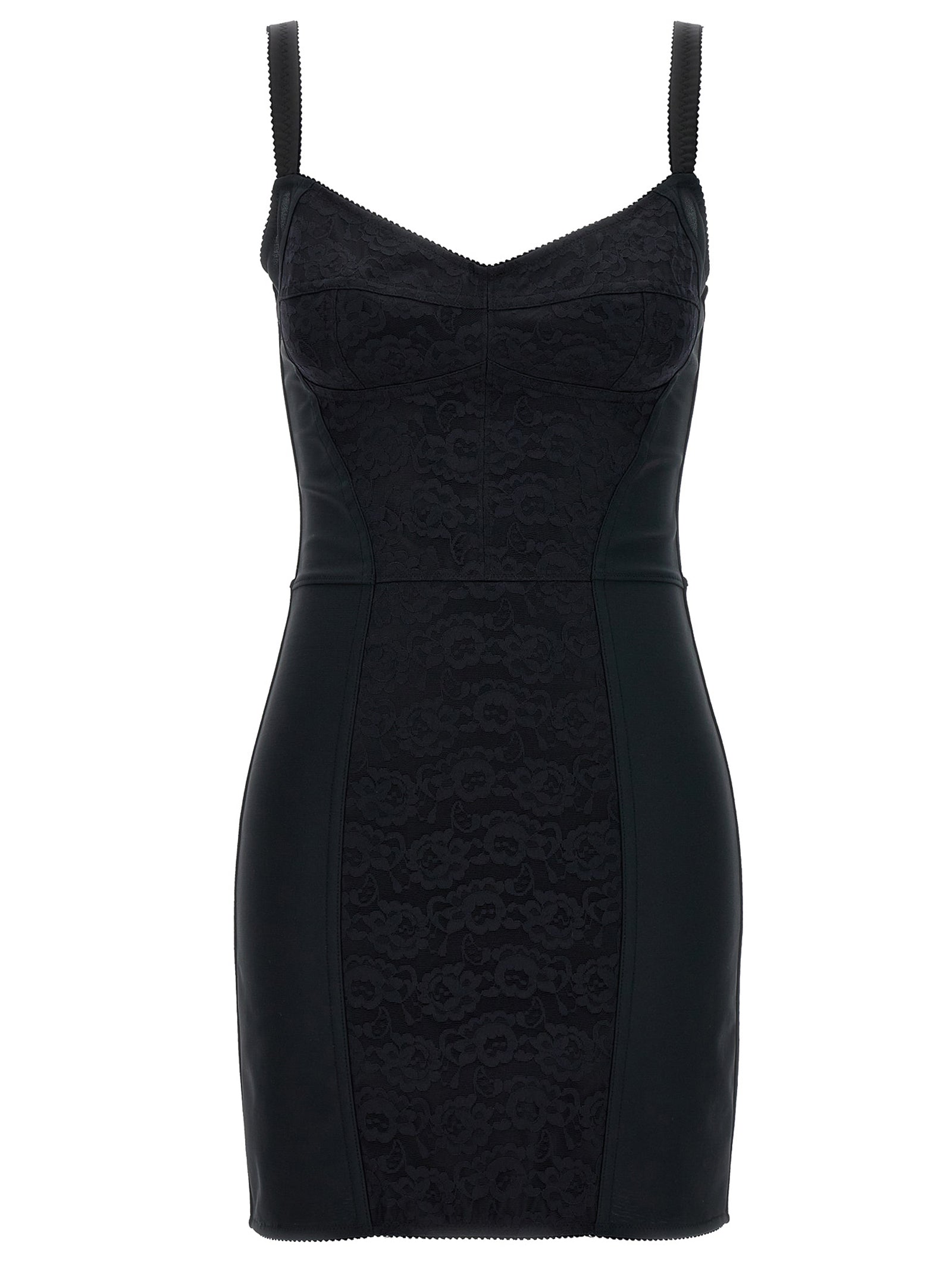 Robe courte noire en polyester de Dolce & Gabbana, silhouette élégante et moderne, portée avec des détails raffinés.